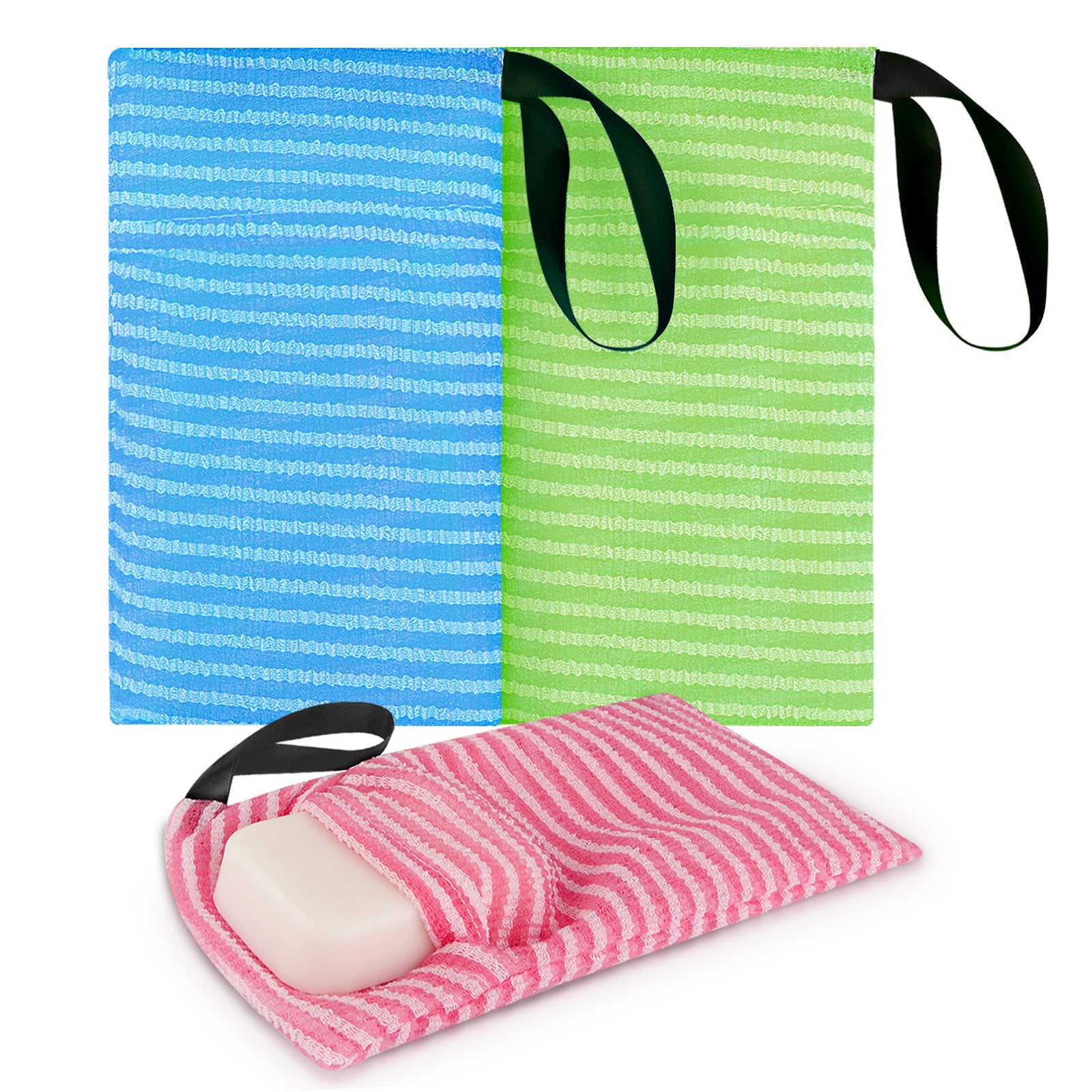 Linkidea 3 Pack Stripes Mesh Body Scrubber Soap Bags, Portable Exfoliating Sponge with Lanyard, Quick Draining Skin Care Pouch, Multifunction Bath Accessories Fits Travel, Home Use