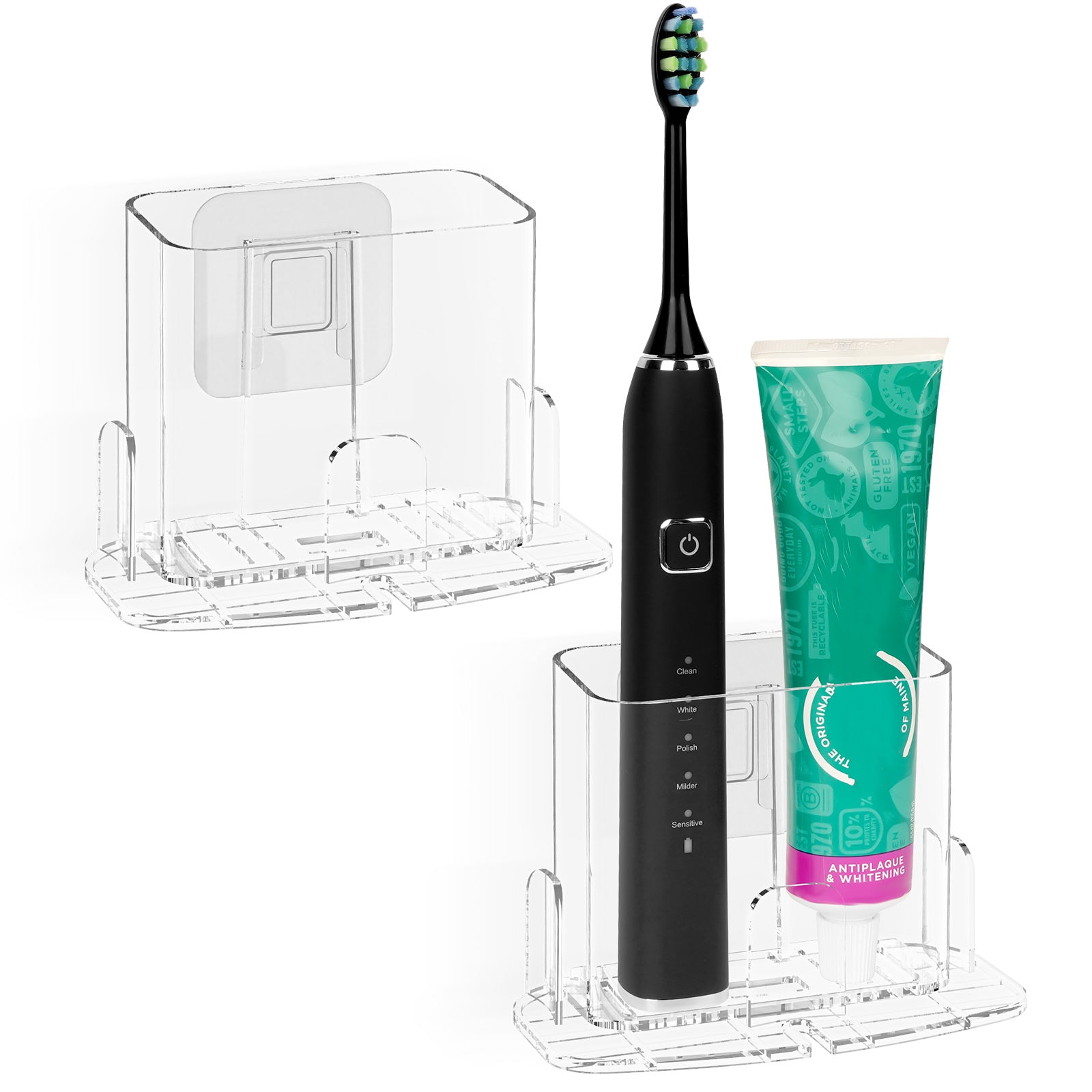 Linkidea 2 Pack Wall Mount Toothbrush Holder for Bathroom, Plastic Clear Self Adhesive Wallmount Tooth Brush Hanger Compatible with Oral-B iO Series, Philips Sonicare 5100/5300, 7AM2M(Transparent)