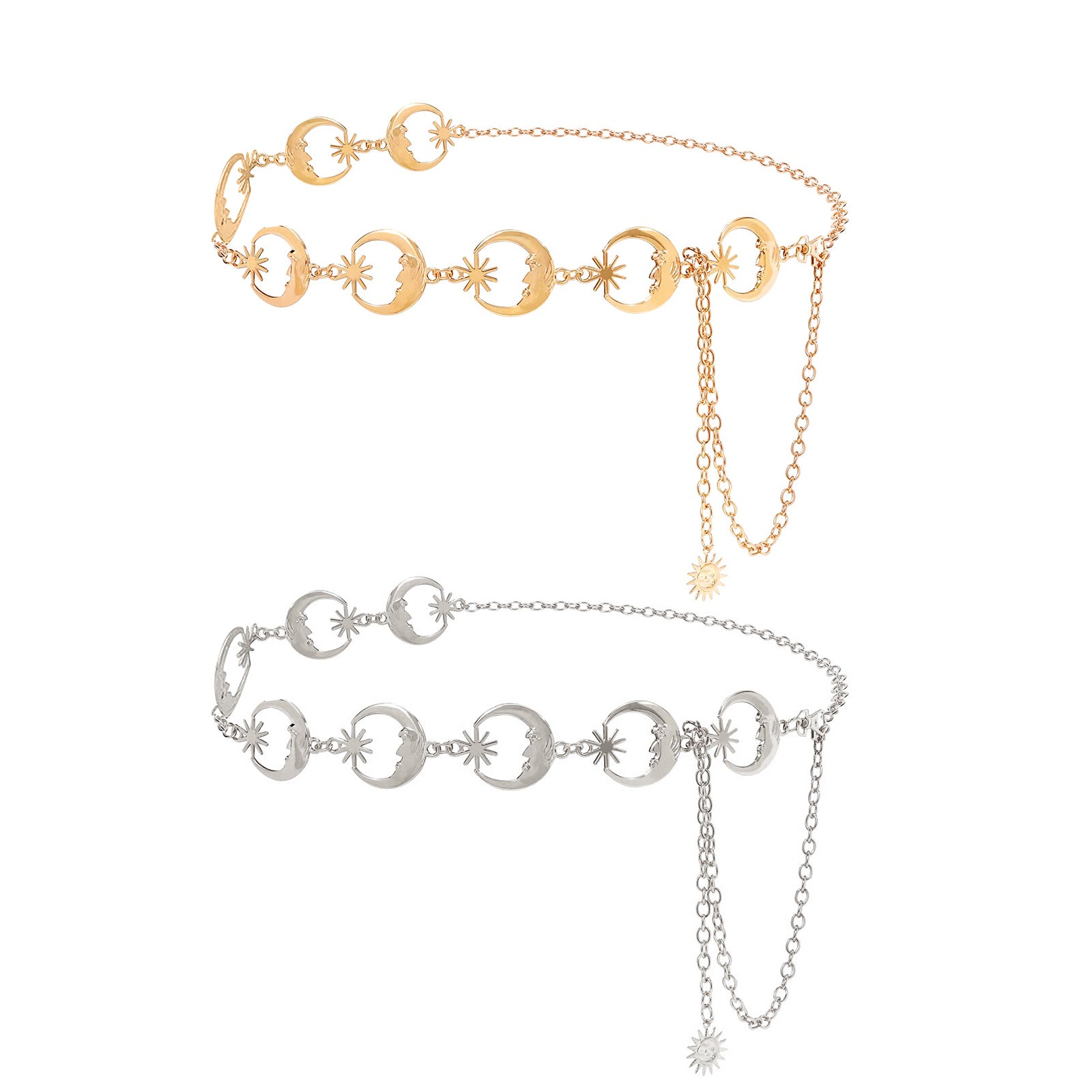 Women's Chain Belt, 2 Pack Metal Waist Chains, Adjustable Belly Belt with Moon Style, Fits 21.6-43.3 in Waist, 51.2 in Total Length