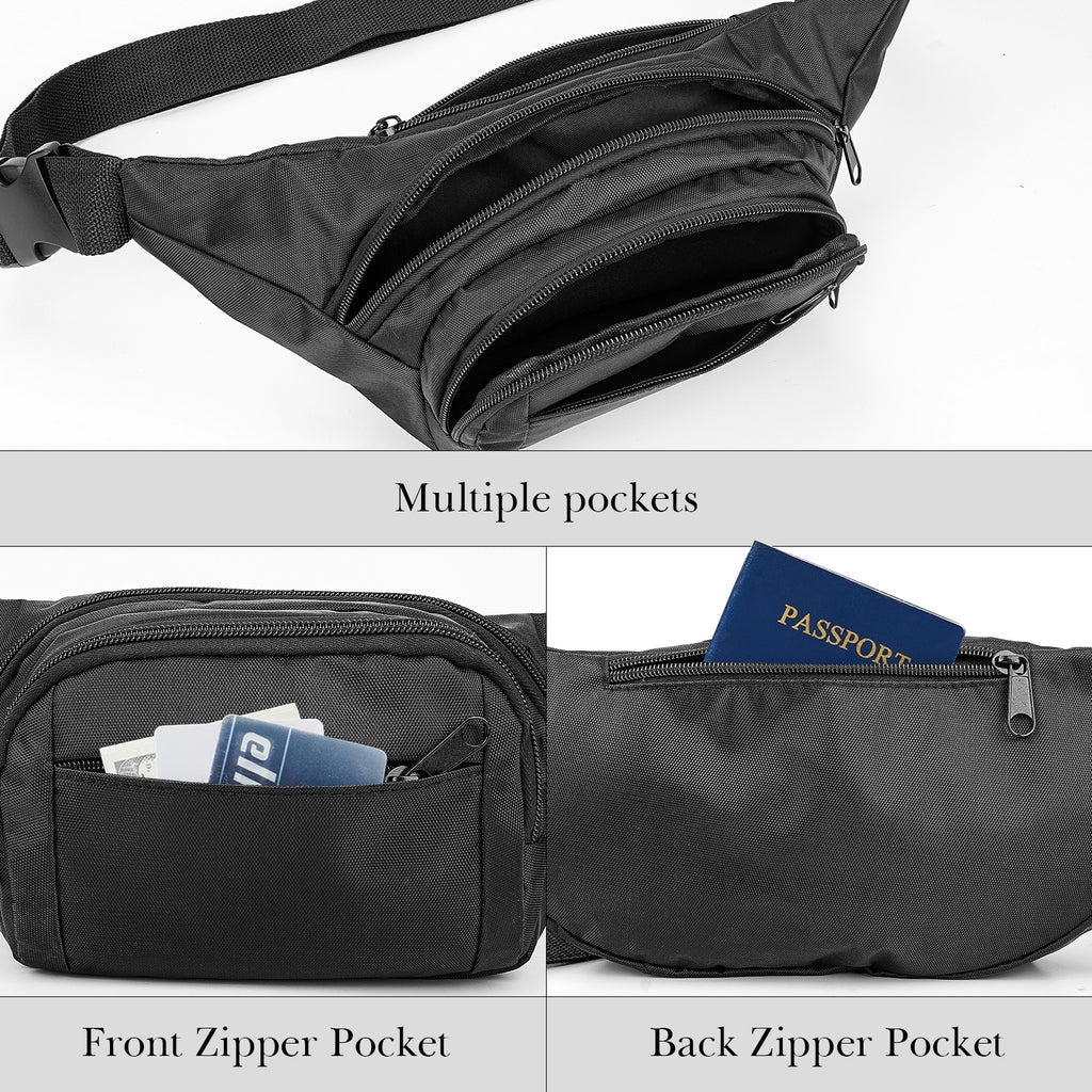 Extra Long Strap Fanny Pack, 59 Inch Max Adjustable Strap Plus Size Crossbody Bag, Extended Length Lightweight Waist Bag with Zipper and Pockets (Black)