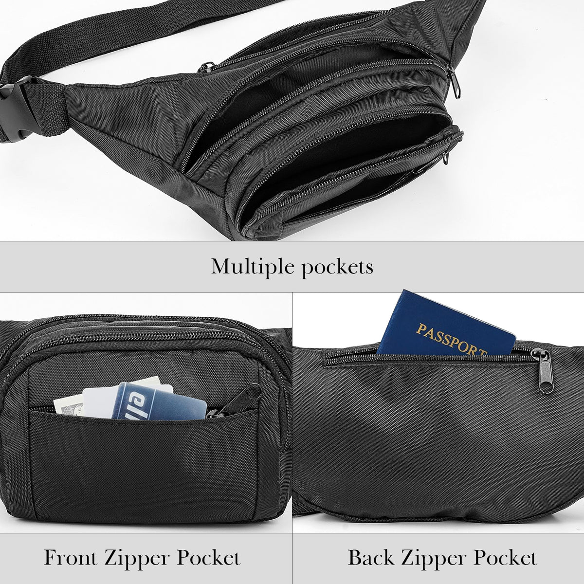Extra Long Strap Fanny Pack, 59 Inch Max Adjustable Strap Plus Size Crossbody Bag, Extended Length Lightweight Waist Bag with Zipper and Pockets (Black)
