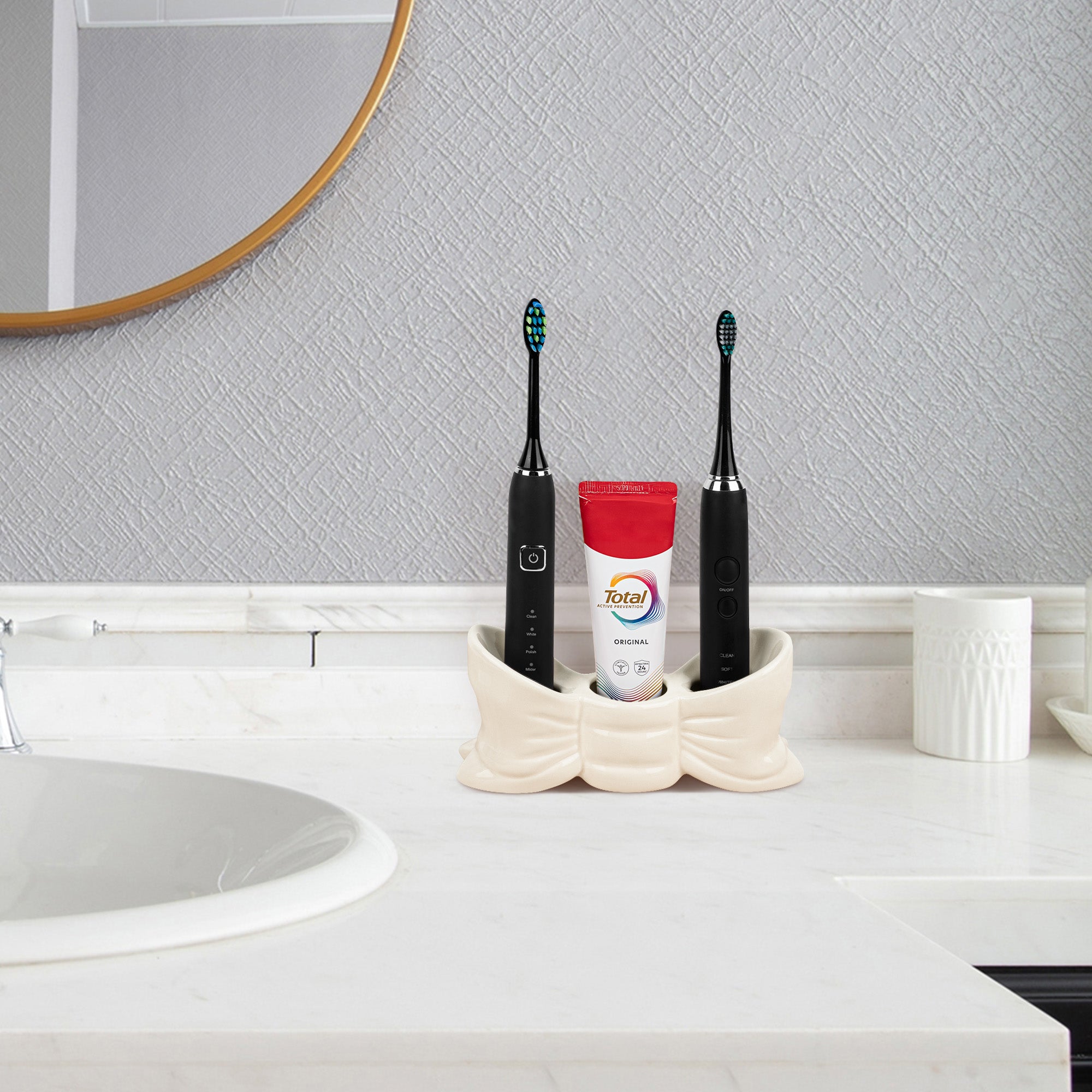 Linkidea Countertop Electric Toothbrush Holder for Bathroom, Bowtie Ceramic Vanity Organizer Stand Compatible with Oral-B iO Series, Philips Sonicare ProtectiveClean (White)
