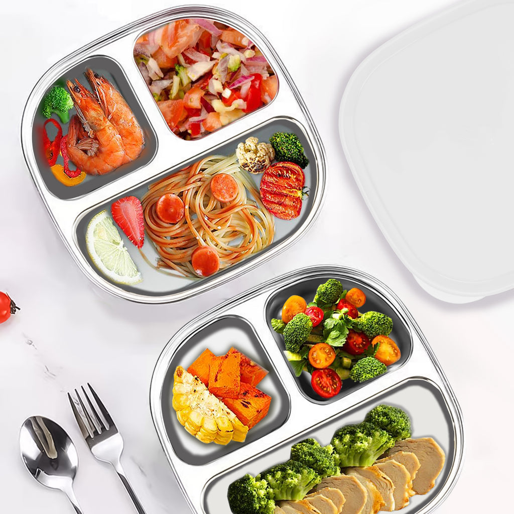Linkidea 2 Pcs Stainless Steel Portion Control Plate, 3 Compartments Divided Plate with Lid, Durable Meal Prep Pan for Adults Suitable for Diet Food Control, Camping Use