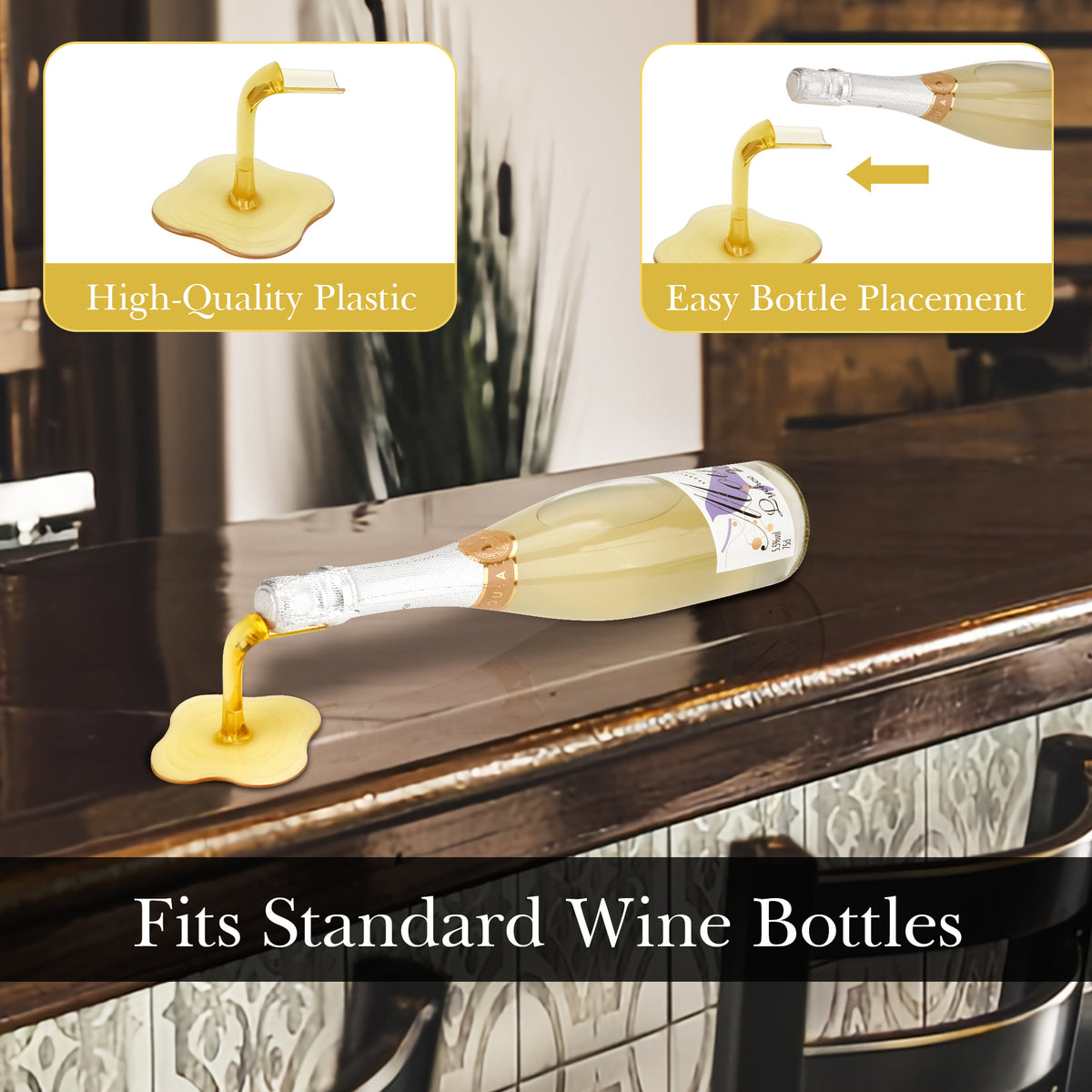 Linkidea 2 Pack Plastic Countertop Wine Rack, Tabletop Wine Bottle Holder Stand for Bar, Kitchen, Dining Room, Home, or Office, Modern Decorative Wine Storage Organizer (Yellow/Black)