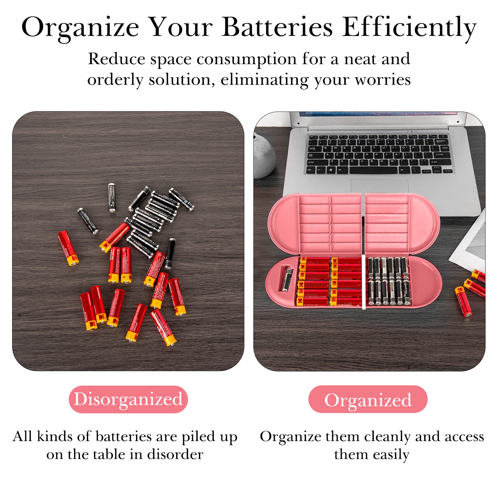 Linkidea Battery Storage Case with Tester, Portable Battery Organizer Compatible with 12 AA, 12 AAA Batteries, Single Layer Battery Box (Pink)
