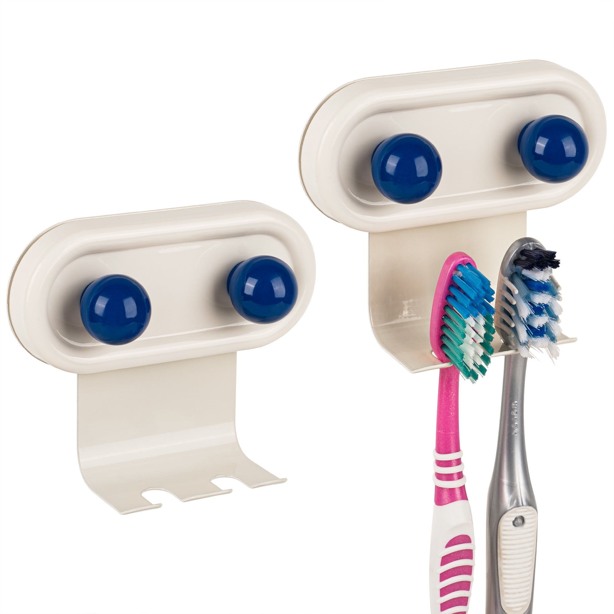 Linkidea 2 Pack Wall Mount Toothbrush Holder for Bathroom, 2 Slots Self Adhesive Iron Brush Hanger Compatible with Oral-B CrossAction, Colgate ExtraClean(Blue Dot)