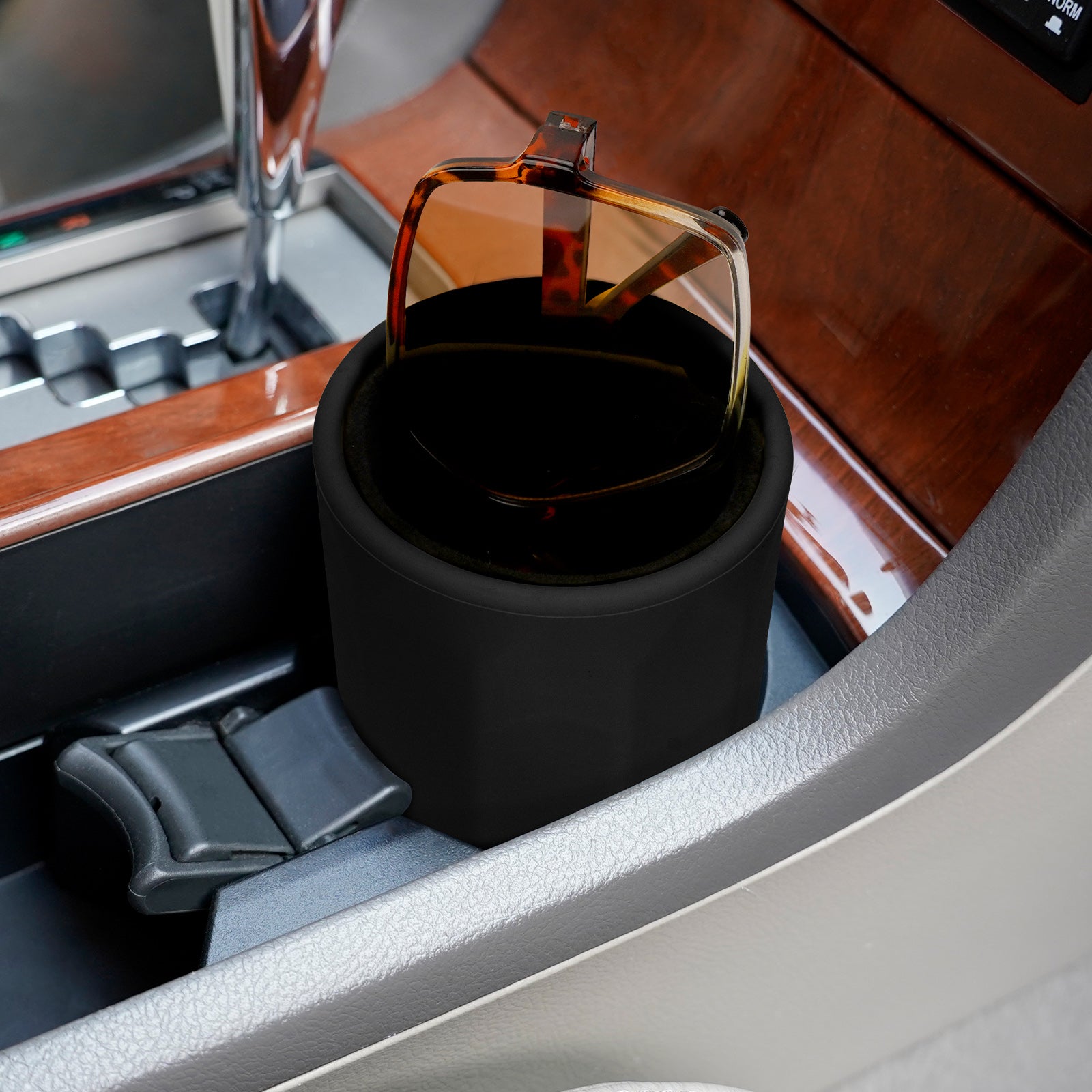Car Cup Holder Sunglasses Stand with Plush Lined, Black Soft Silicone Eyewear Organizer, Vehicle Sun Shades Easy Access Storage, Scratch Protection