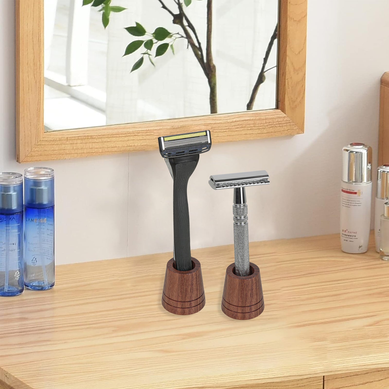 Linkidea 2 Pack Toothbrush & Razor Stand, Shaving Holder for Bathroom Counter, Compatible with Gillette Vector 3, Harry's 5 Blade (Brown)
