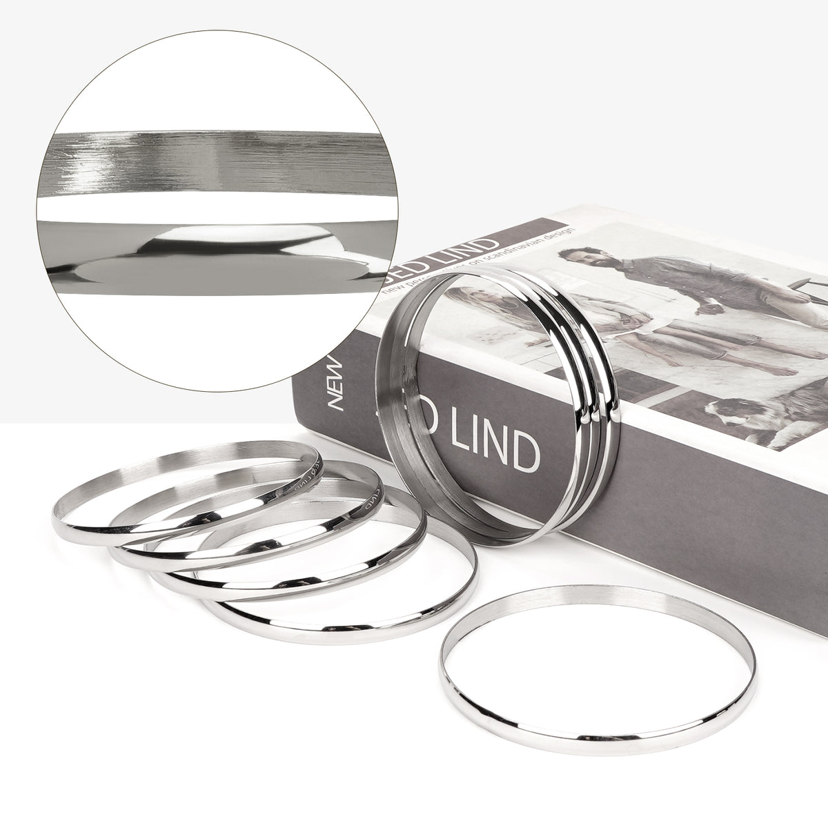 75 mm (2.95") Bangle Set for Women, 6 mm Wide Silver-Tone Stainless Steel Stackable Bracelets - Fits Palm Width up to ~110 mm