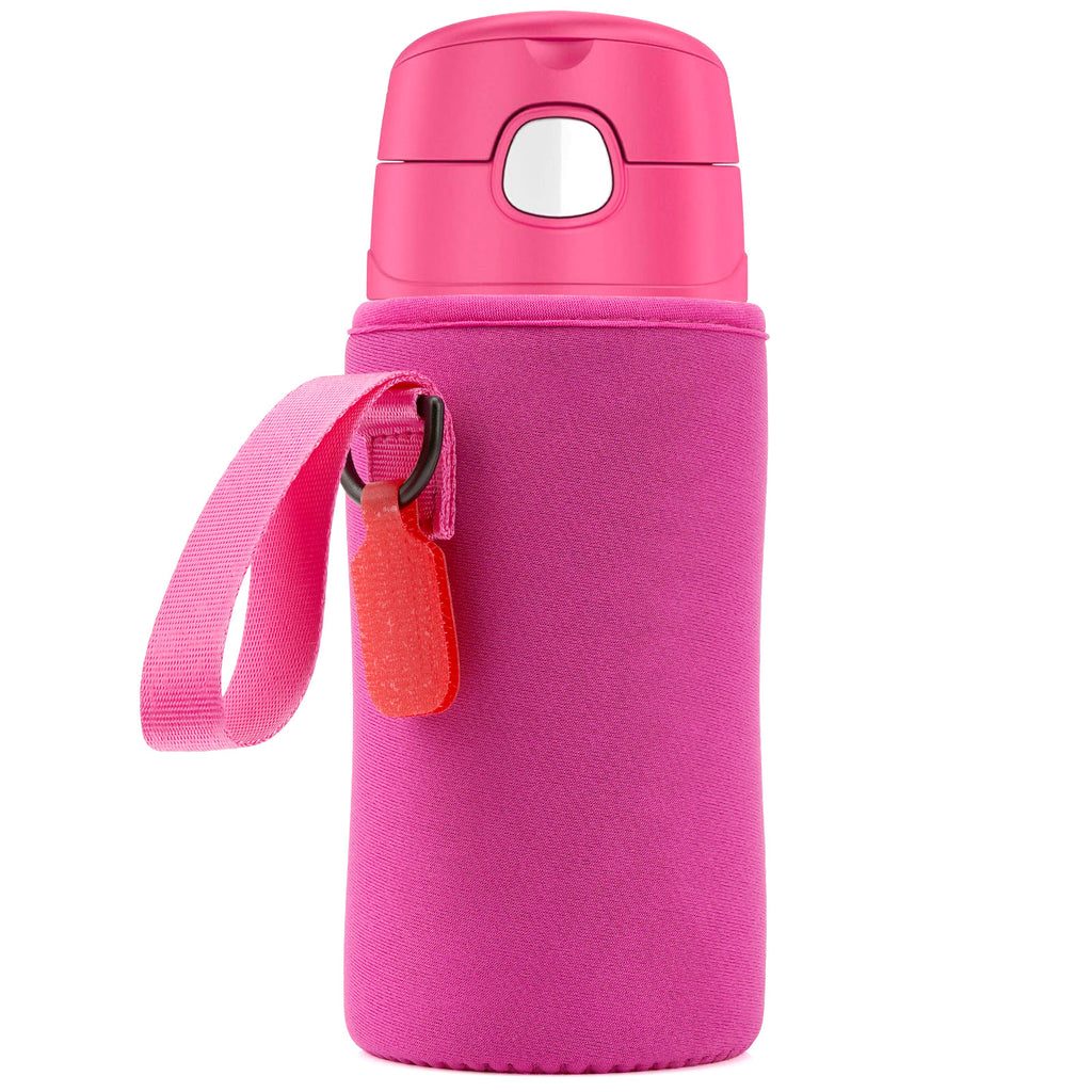 Linkidea Water Bottle Sleeve Compatible with Thermos FUNTAINER Tritan 16oz, Steel 12oz Kids Bottle, Waterbottle Holder Bag with Name Tag, Rose Red