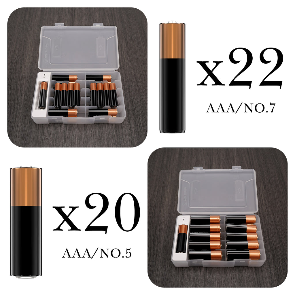 Linkidea 2 Pack Battery Organizer Case with Tester, Portable Holder for 20 AA and 22 AAA Cells, Durable Plastic Storage Box for Travel and Home Use, White