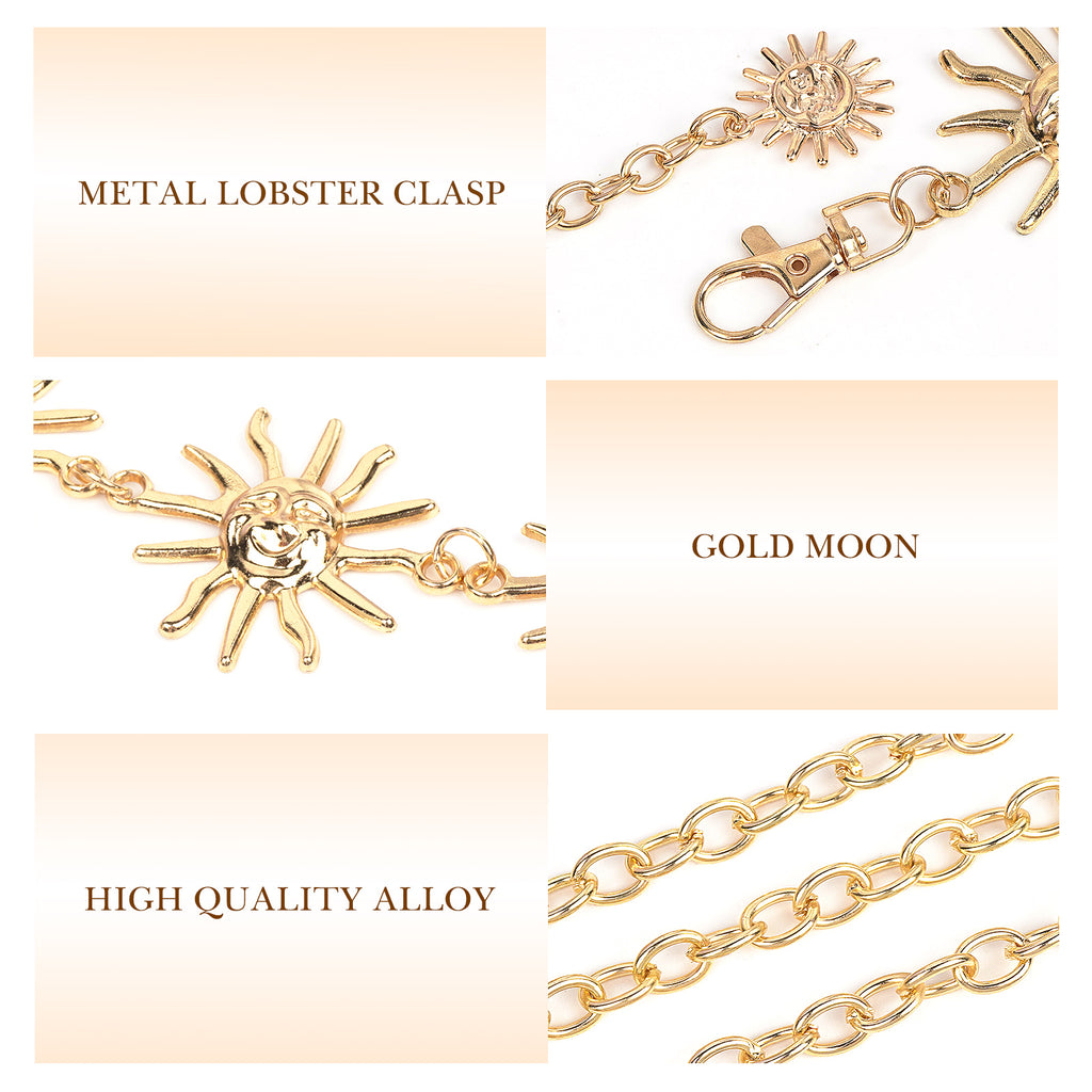 Women's Chain Belt, Metal Waist Chain, Adjustable Belly Belt with Sun Style, Fits 21.6-43.3 in Waist, 51.2 in Total Length