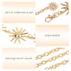Women's Chain Belt, Metal Waist Chain, Adjustable Belly Belt with Sun Style, Fits 21.6-43.3 in Waist, 51.2 in Total Length
