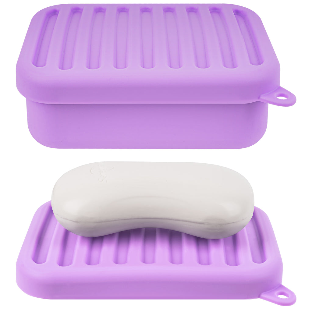 Linkidea Silicone Travel Soap Storage Box, Compact Bar Soap Holder with Drainage Layer, Shatterproof Better Storage, Suitable for Bathroom, Gym (Purple)