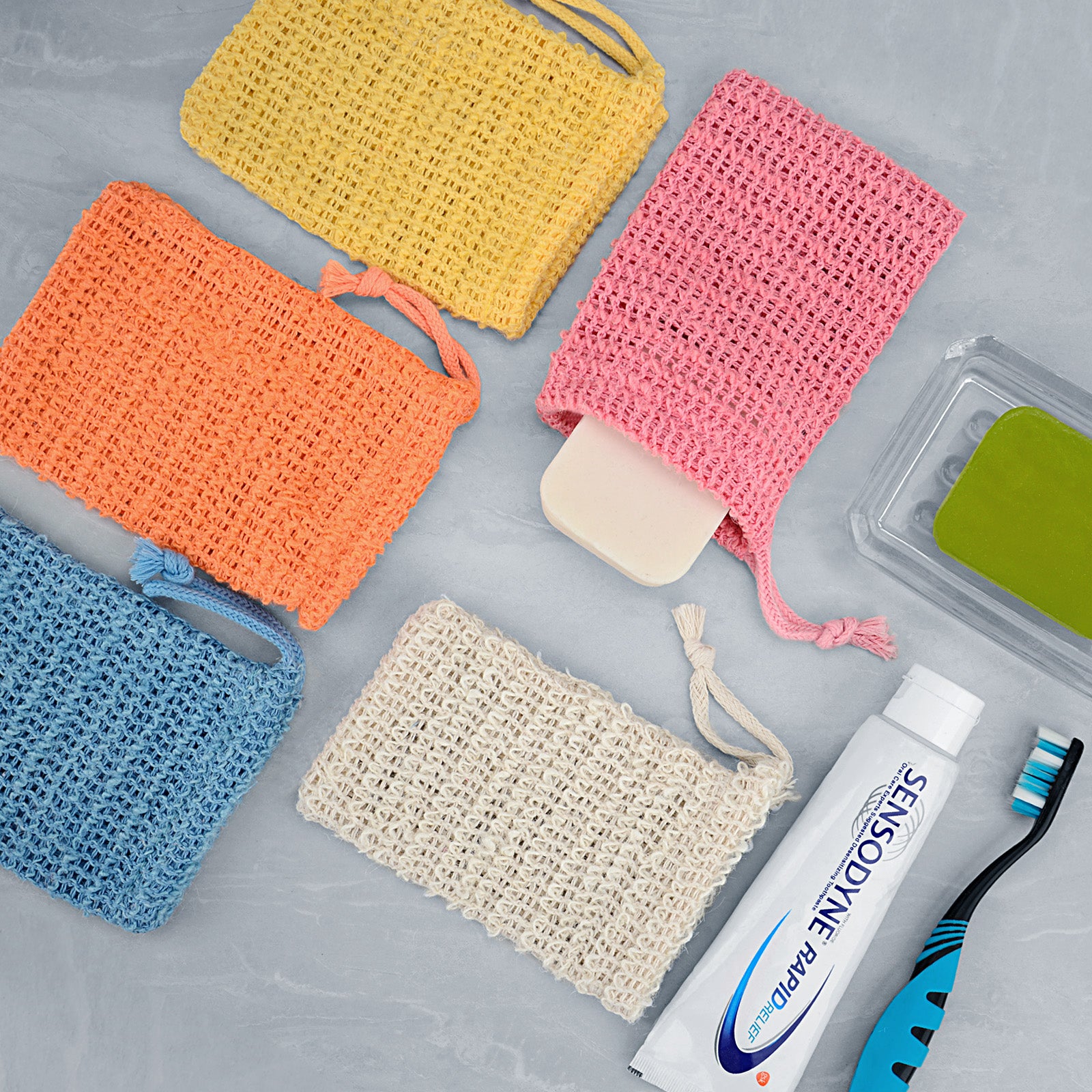 Linkidea 5 Pack Soap Bag Pouch, Colorful Exfoliating Saver with Drawstring, Reusable Body Scrubber Pocket for Bath Shower