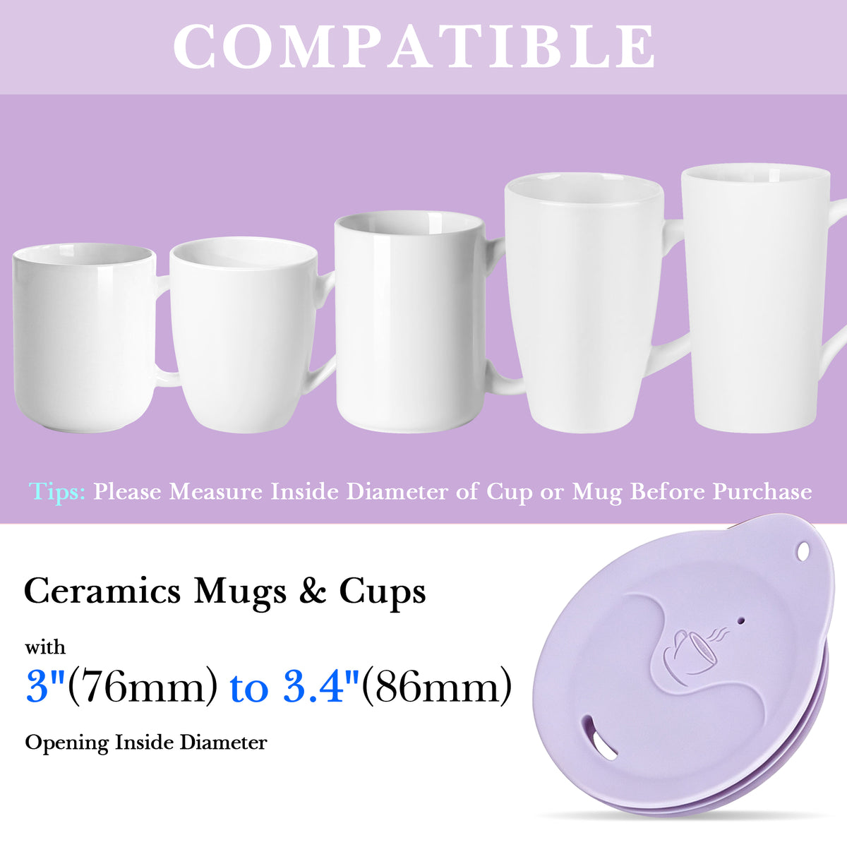 Linkidea 2 Pack Silicone Coffee Mug Lid for 3"(76mm) to 3.4"(86mm) Inside Diameter Mugs, Splash Resistant Replacement Mug Lid for Home, Office, Travel, Dishwasher-Safe (Purple)