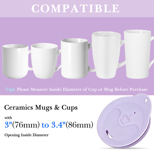 Linkidea 2 Pack Silicone Coffee Mug Lid for 3"(76mm) to 3.4"(86mm) Inside Diameter Mugs, Splash Resistant Replacement Mug Lid for Home, Office, Travel, Dishwasher-Safe (Purple)