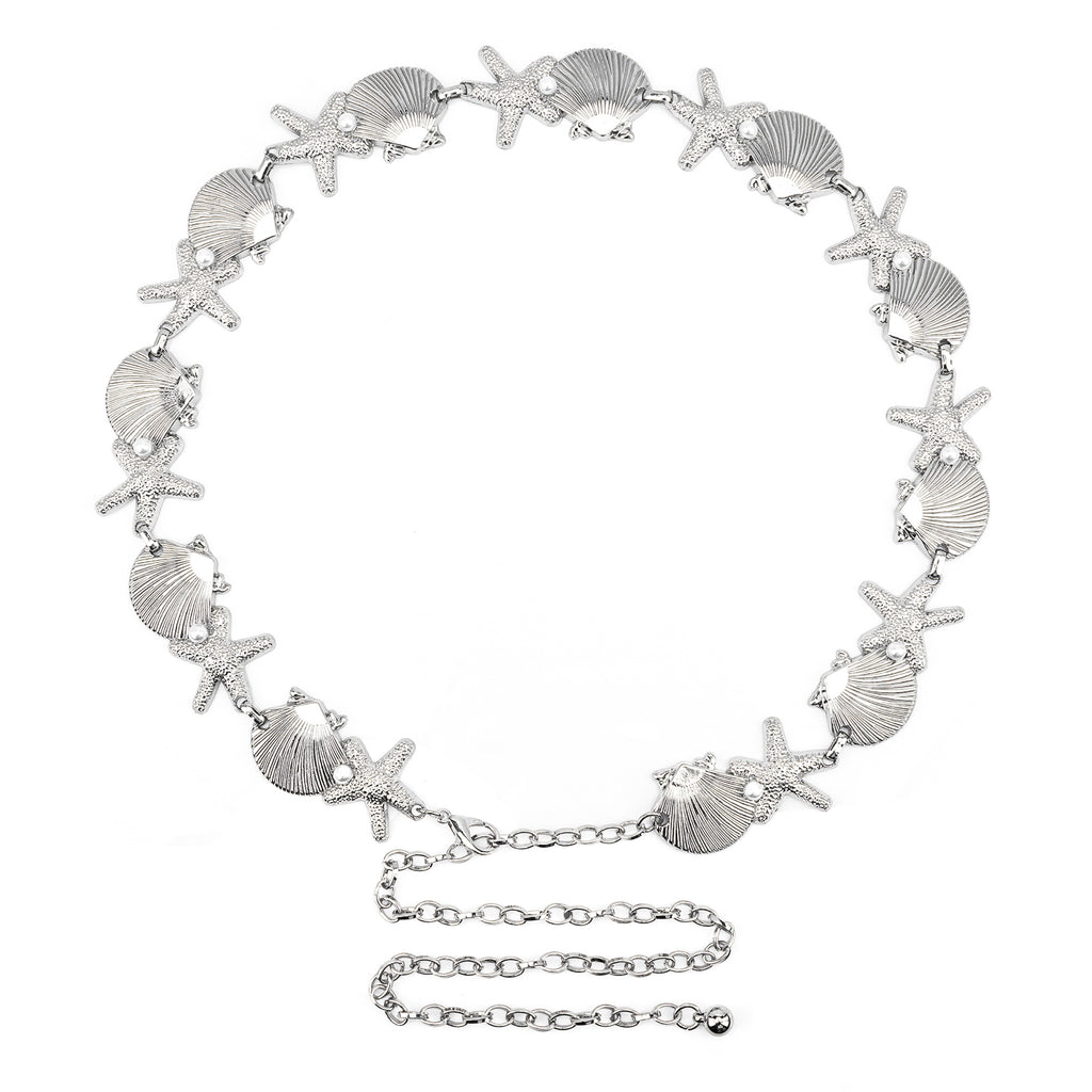 Chain Belt for Women, Silver Shell Starfish with Faux Small Pearls Waist Belt, Max 47 Inch Adjustable Chunky Body Chain for Dresses, Party, Casual Wear, Fashion Jewelry Accessory