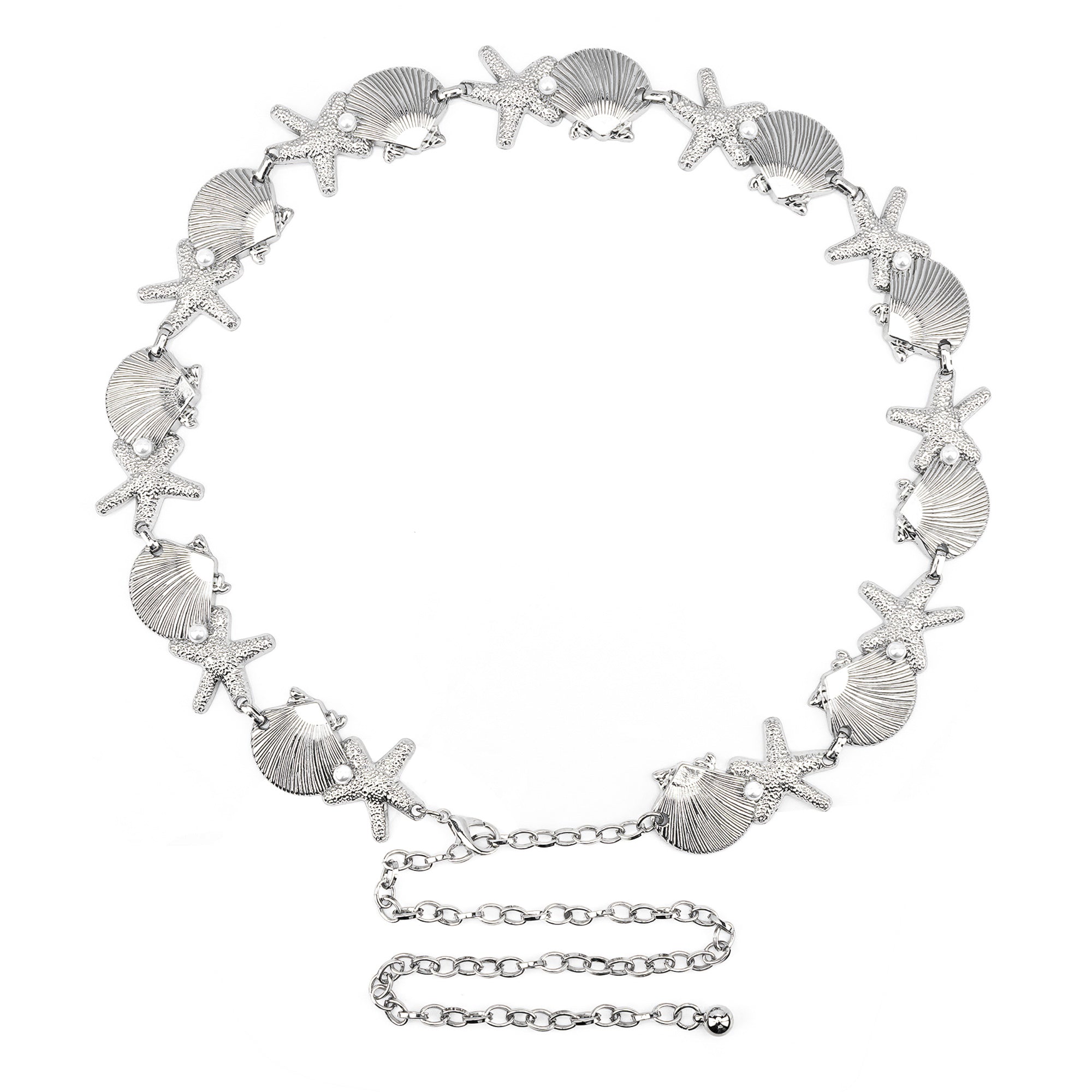 Chain Belt for Women, Silver Shell Starfish with Faux Small Pearls Waist Belt, Max 47 Inch Adjustable Chunky Body Chain for Dresses, Party, Casual Wear, Fashion Jewelry Accessory