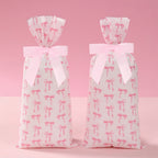 Linkidea 100 Pcs Clear Cellophane Treat Bags with 100 Pink Pre-Tied Bow Twist Ties, 5x7 Inch Food Grade Candy Cookie Goodie Bags for Birthday Party Favor, Wedding, Bakery Gift Wrap