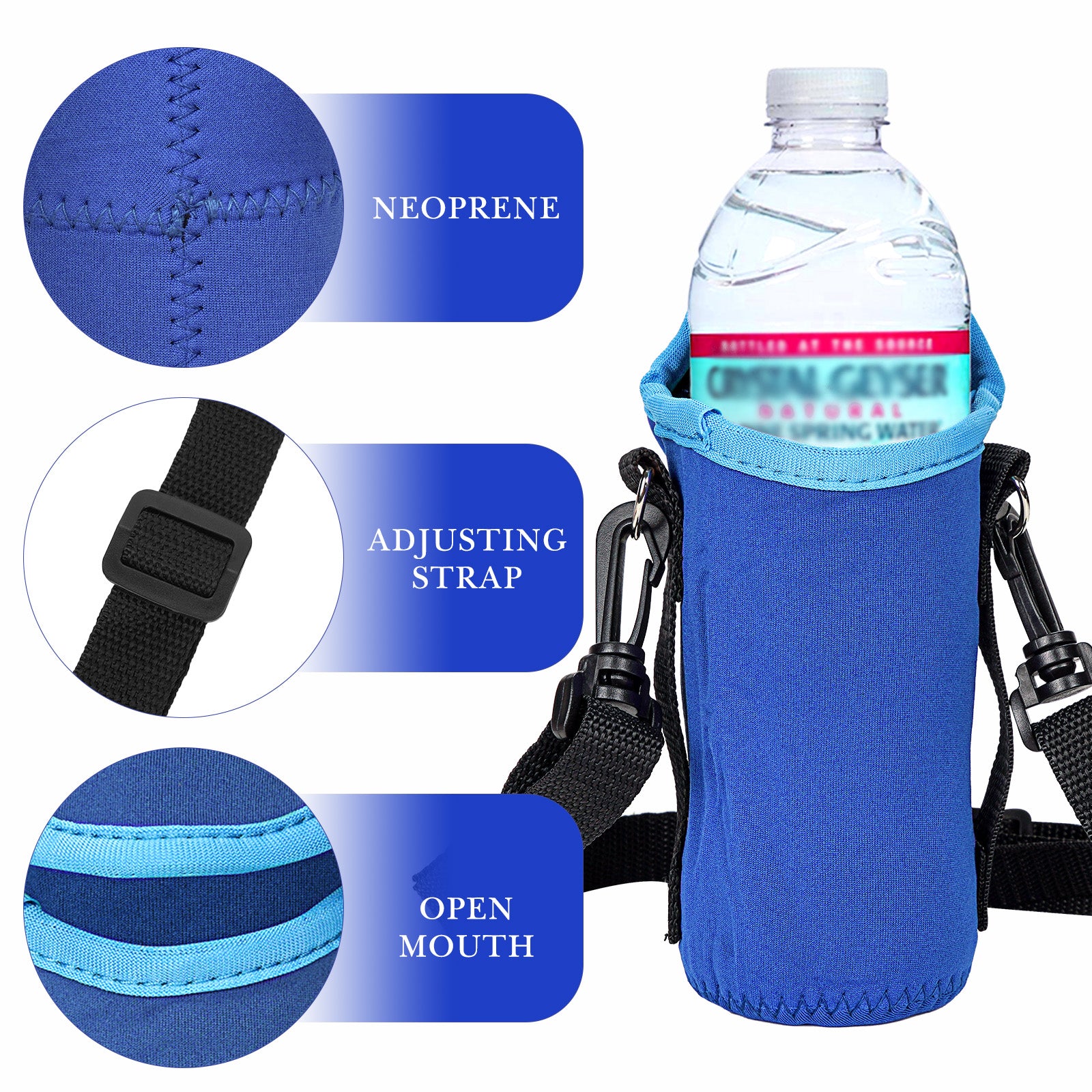Linkidea Disposable Water Bottle Carrier with Shoulder Strap Compatible with 16.9 Fl Oz Crystal Geyser, Arrowhead, Insulated Neoprene Plastic Bottled Water Sling Bag (1 Pack / Blue)