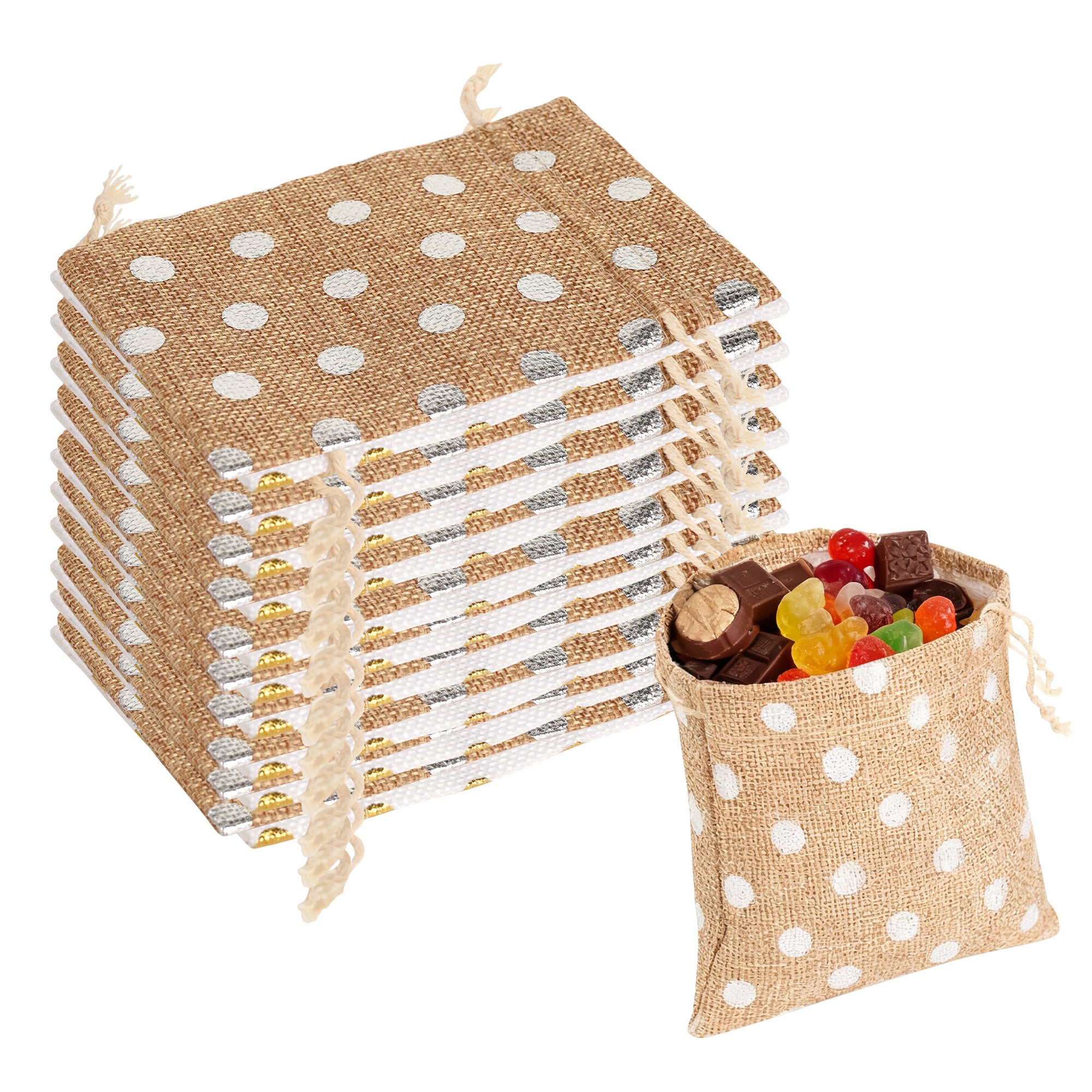 Linkidea 12 Pcs Small Burlap Drawstring Gift Bags, 5.5" x 3.9" Polka Dot Linen Pouches for Party Favors, Candy, Jewelry, Wedding Decorations