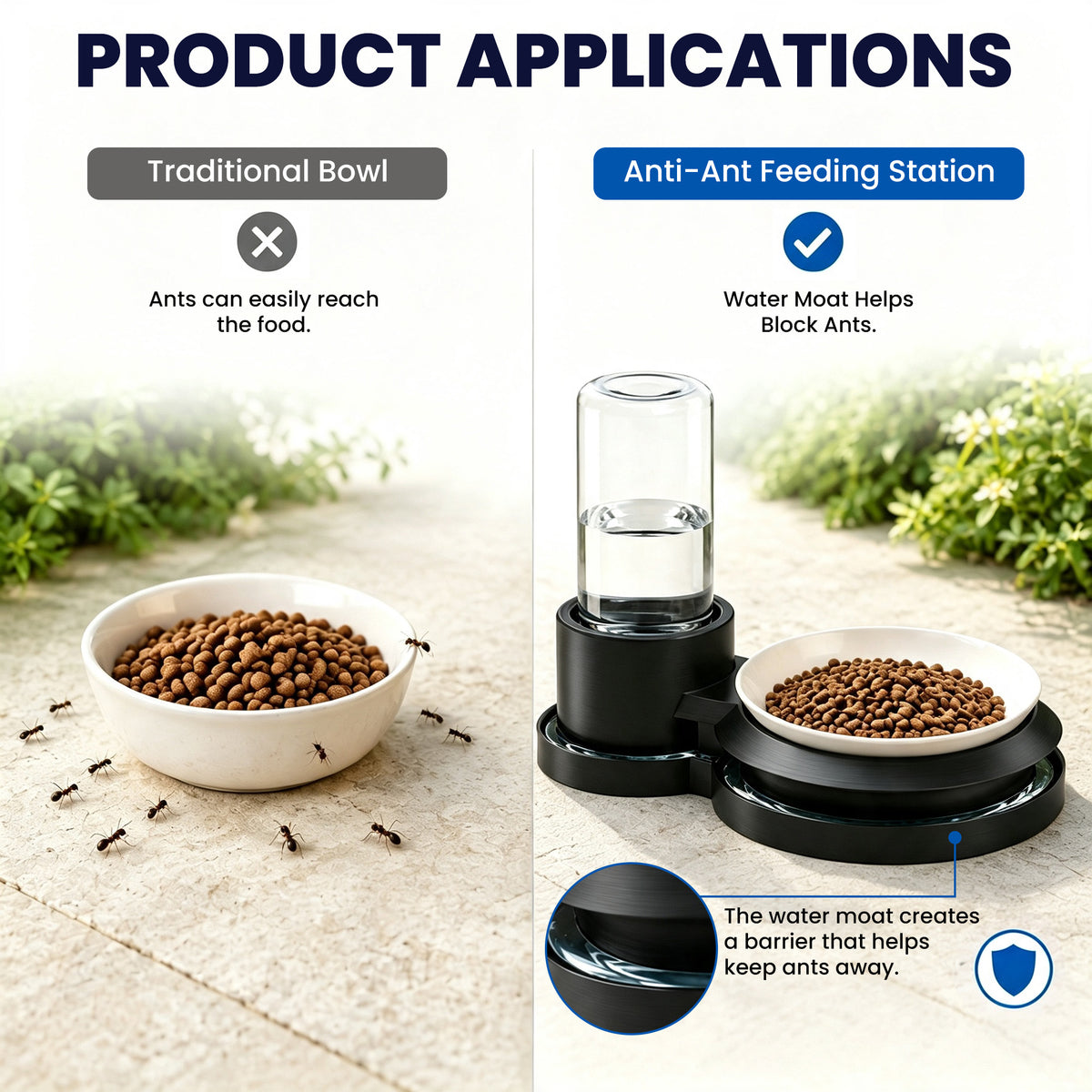 Elevated Cat Bowl Stand with Water Moat Ant Barrier, Raised Food Dish Holder, Pest Deterrent Feeding Station for Indoor/Outdoor Cats, Base Keeps Ants Away from Kibble and Wet Meals
