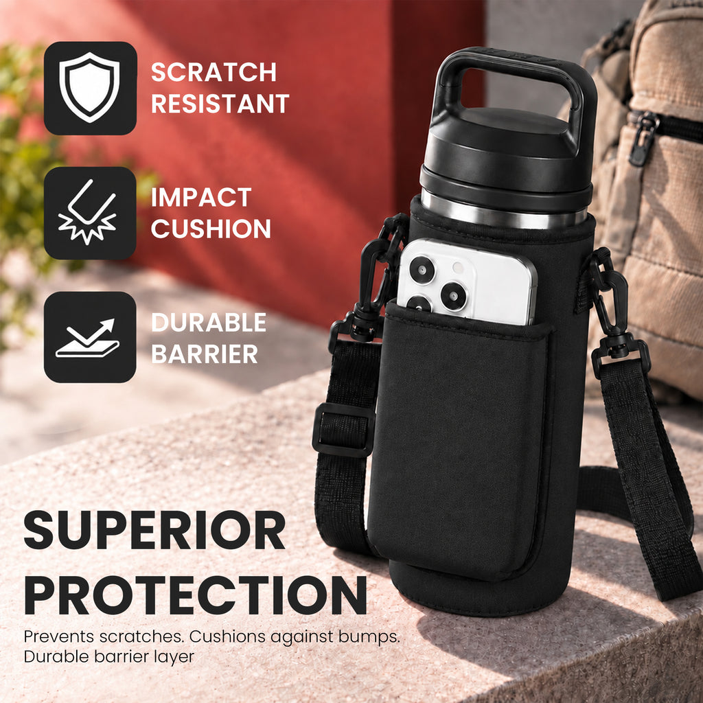 Linkidea Water Bottle Carrier with Shoulder Strap Compatible with YETI Rambler Bottle 18oz, Yonder 600ml/20oz, Insulated Waterbottle Sling Bag Holder with Phone Pocket (Black)
