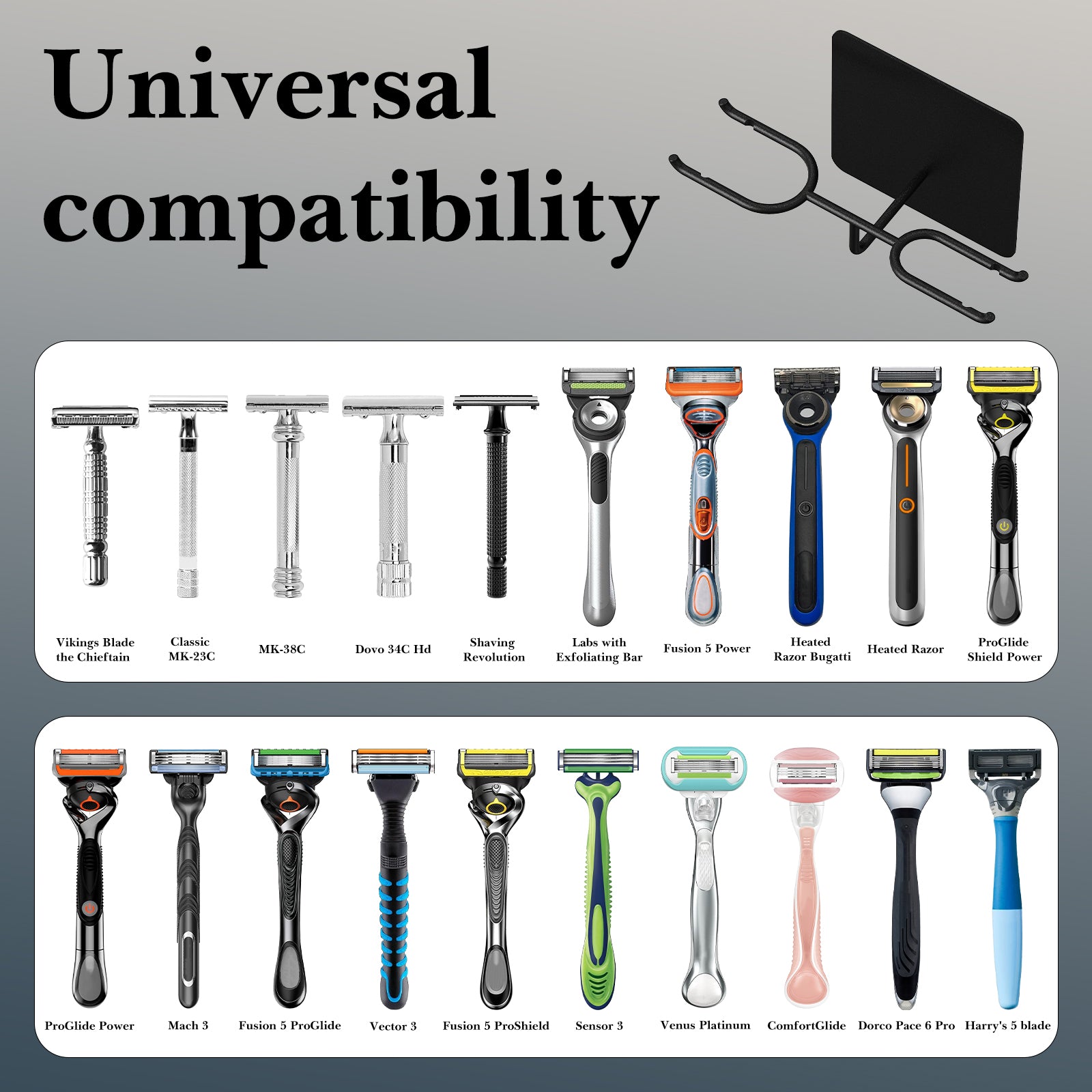Linkidea Stainless Steel Shower Razor Holder, Wall Mount Safety Razor Stand for Bathroom, Compatible with Gillette Fusion 5 Power, Venus Platinum & ComfortGlide, Merkur MK-23C (Black)
