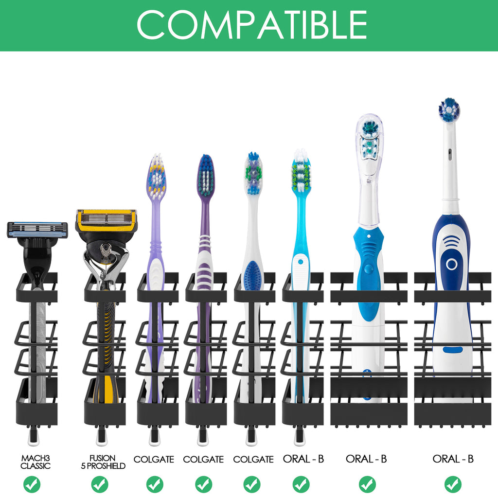 Linkidea Toothbrush Holder Wall Mounted, Non-Slip Electric Toothbrush Holder Toothpaste Storage Organizer, 7 Slots Multifunctional Rack for Razor, Shaver, Comb (Black)