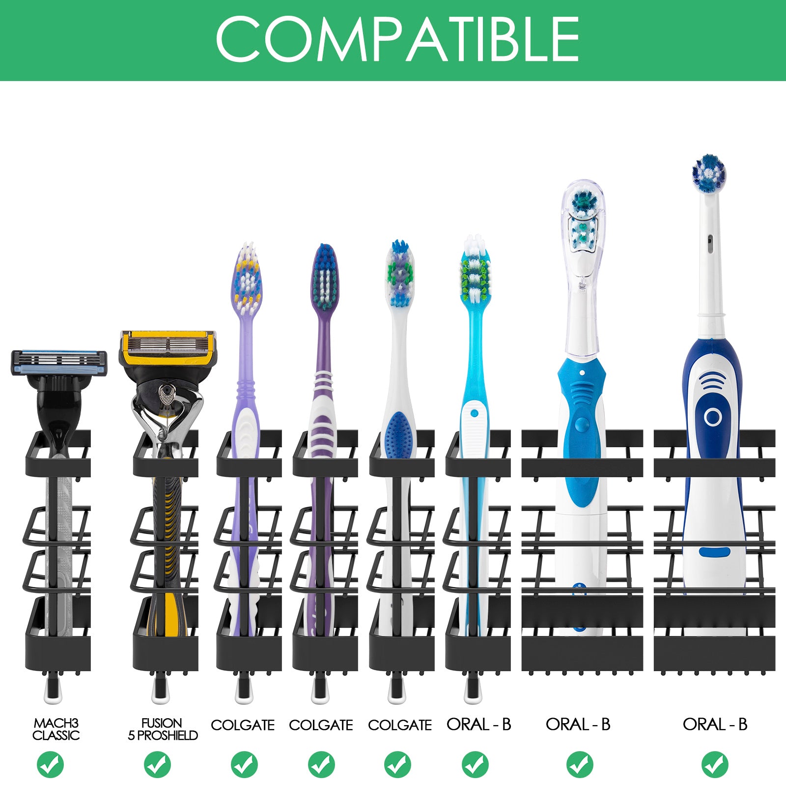 Linkidea Toothbrush Holder Wall Mounted, Non-Slip Electric Toothbrush Holder Toothpaste Storage Organizer, 7 Slots Multifunctional Rack for Razor, Shaver, Comb (Black)