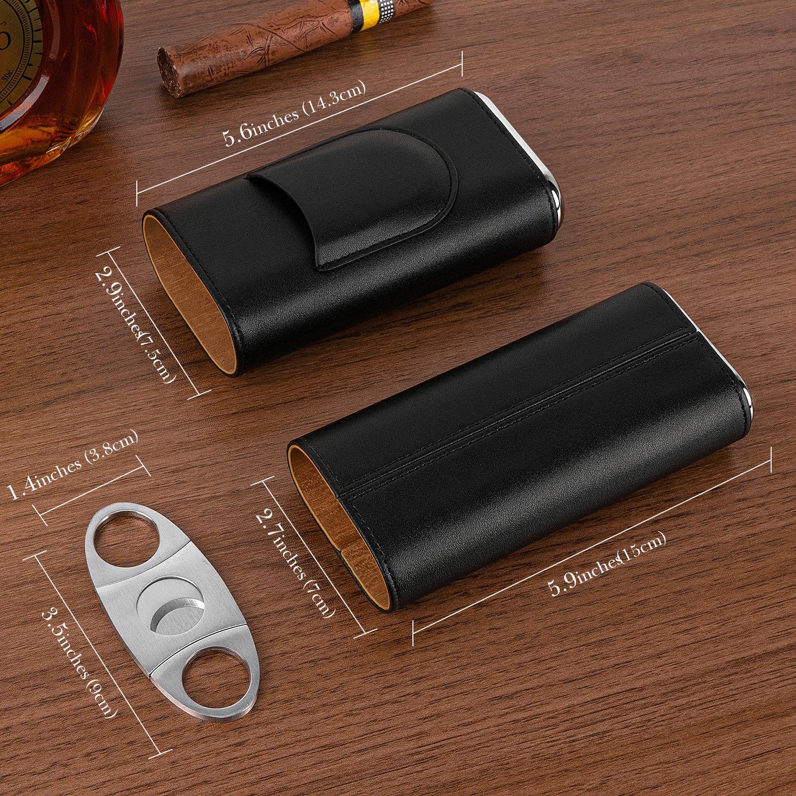 Linkidea Travel Cigar Humidor Case, Luxury Vegan Leather Portable Cigar Holder with Cedar Wood Lining, Holds 3 Cigars, Stainless Steel Cutter, Gift for Men & Business Travel (Black)