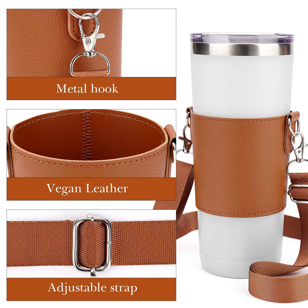 Linkidea Vegan Leather Tumbler Carrier With Strap Compatible with IRON FLASK Classic 24oz, Simple Modern Tumbler, Cup Sling Bag Holder, Shoulder Strap, Light Brown