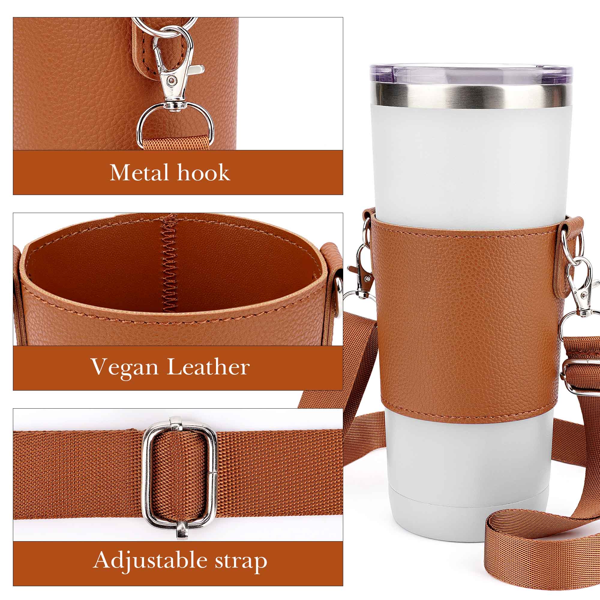 Linkidea Vegan Leather Tumbler Carrier With Strap Compatible with IRON FLASK Classic 24oz, Simple Modern Tumbler, Cup Sling Bag Holder, Shoulder Strap, Light Brown
