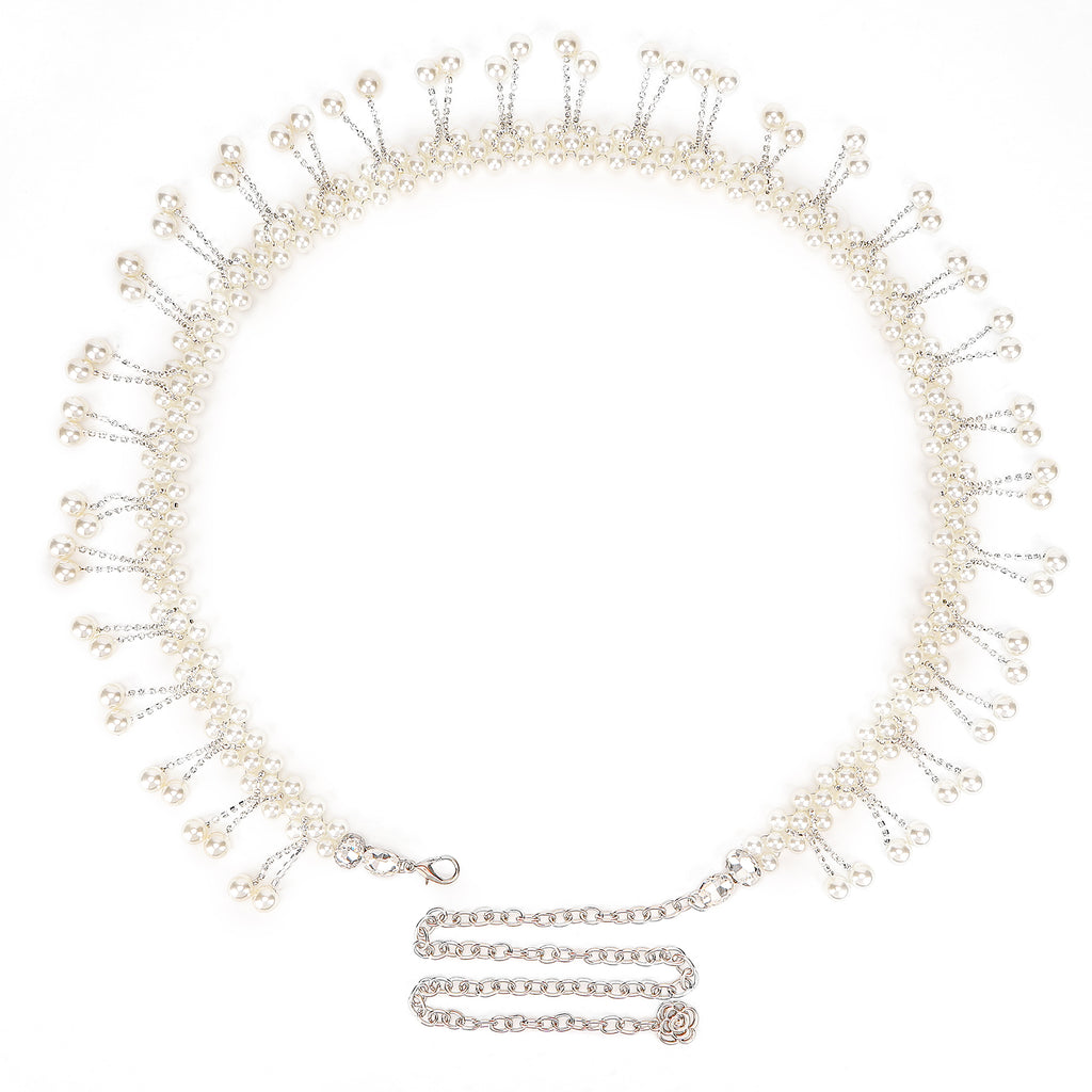 Plus Size Chain Belt for Women, Silver and White Faux Pearl Waist Belt, 49 Inch Adjustable Extra Long Body Decorate for Dresses, Party, Casual Wear, Fashion Jewelry Accessory