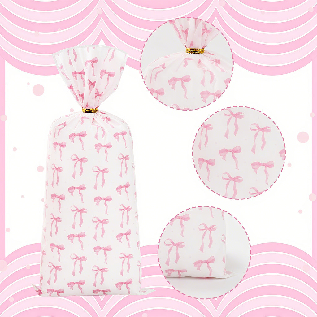 Linkidea 100 Pcs Clear Cellophane Treat Bags with 100 Pink Pre-Tied Bow Twist Ties, 5x7 Inch Food Grade Candy Cookie Goodie Bags for Birthday Party Favor, Wedding, Bakery Gift Wrap
