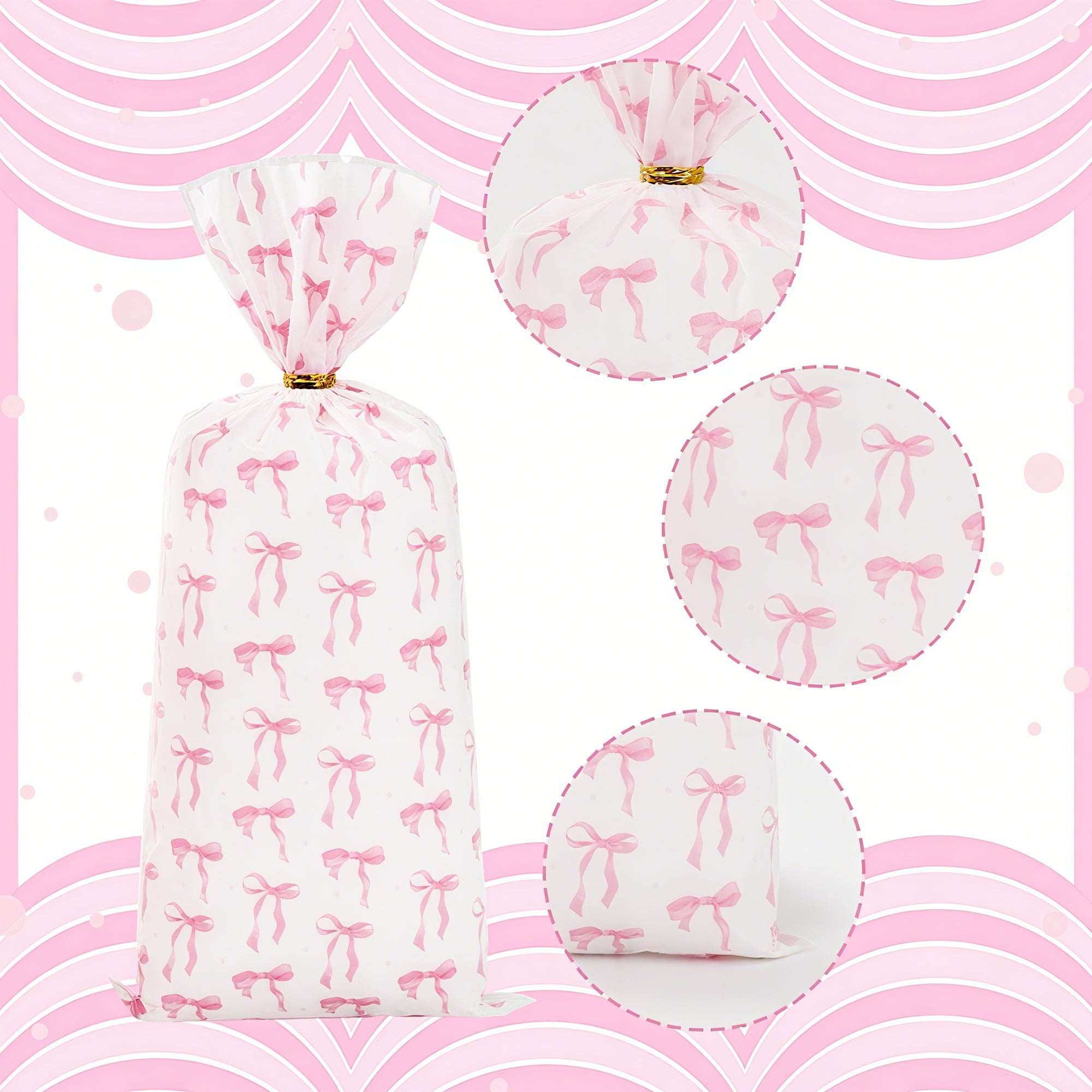 Linkidea 100 Pcs Clear Cellophane Treat Bags with 100 Pink Pre-Tied Bow Twist Ties, 5x7 Inch Food Grade Candy Cookie Goodie Bags for Birthday Party Favor, Wedding, Bakery Gift Wrap