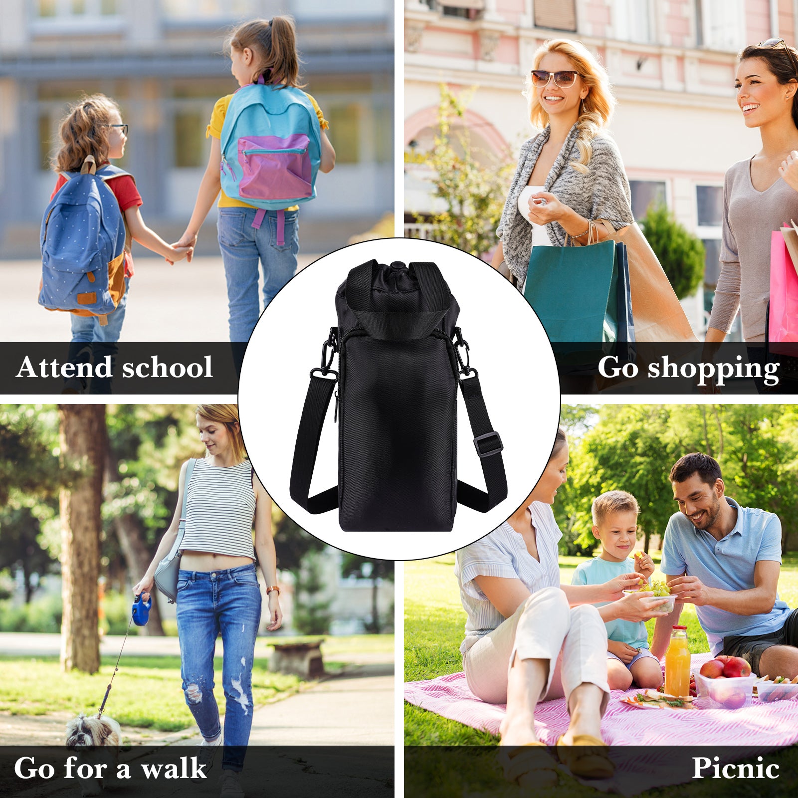Linkidea Blender Storage Bag, Portable Drawstring Bottle Holder with Shoulder & Hand Strap, Travel Shaker Container Pouch Compatible with 24-32 oz Bottles (Black)