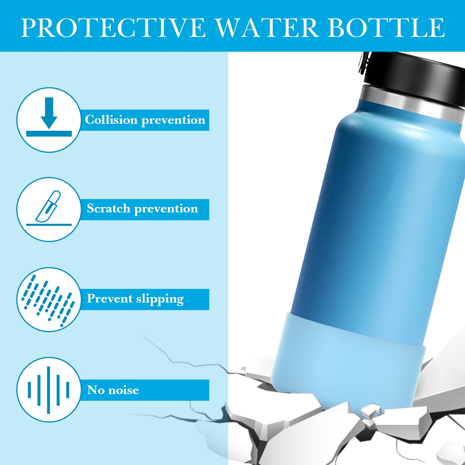 Linkidea Water Bottle Boot Compatible with Hydro Flask Wide Mouth Flex Cap/Straw Lid/Chug Cap 32oz/40oz, Silicone Bottle Bottom Sleeve Cover Protector, Bottle Bumper (Sky Blue / 2 Pack)