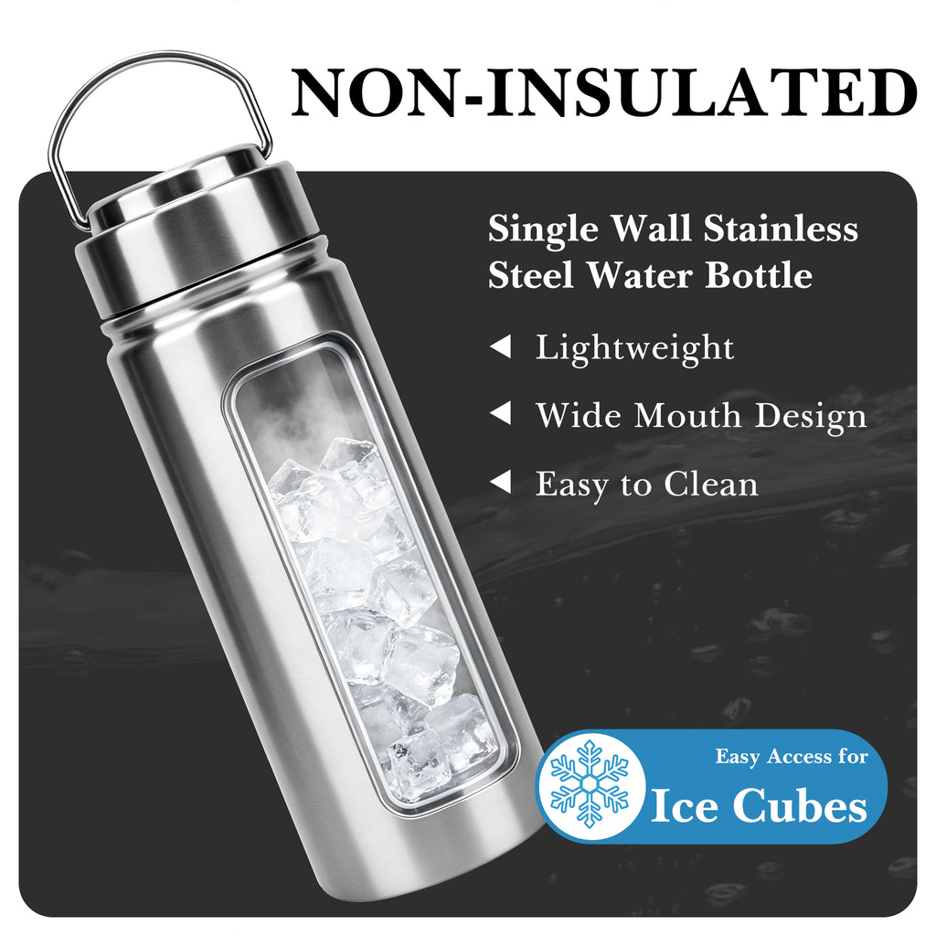 Linkidea 25oz Single Wall 304 Stainless Steel Water Bottle with Carry Pouch, Non-Insulated Wide Mouth Sports Bottle with Handle, Dishwasher Safe
