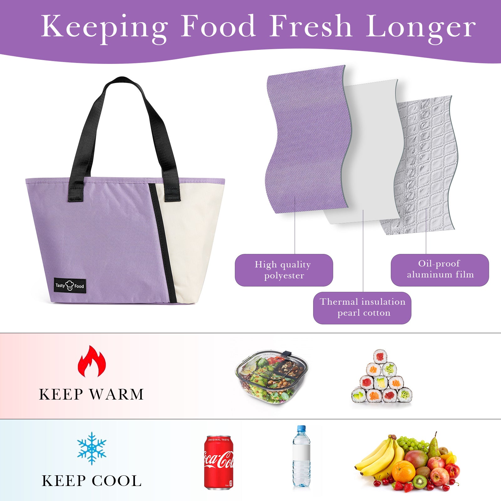 Linkidea Insulated Lunch Bag, Reusable Lunch Tote Bag with Zipper for Men & Women, Insulated Lunch Box Bag with Hand Strap Compatible with Bentogo, Iteryn, Bentoheaven, Ello, Natraprow (Purple)