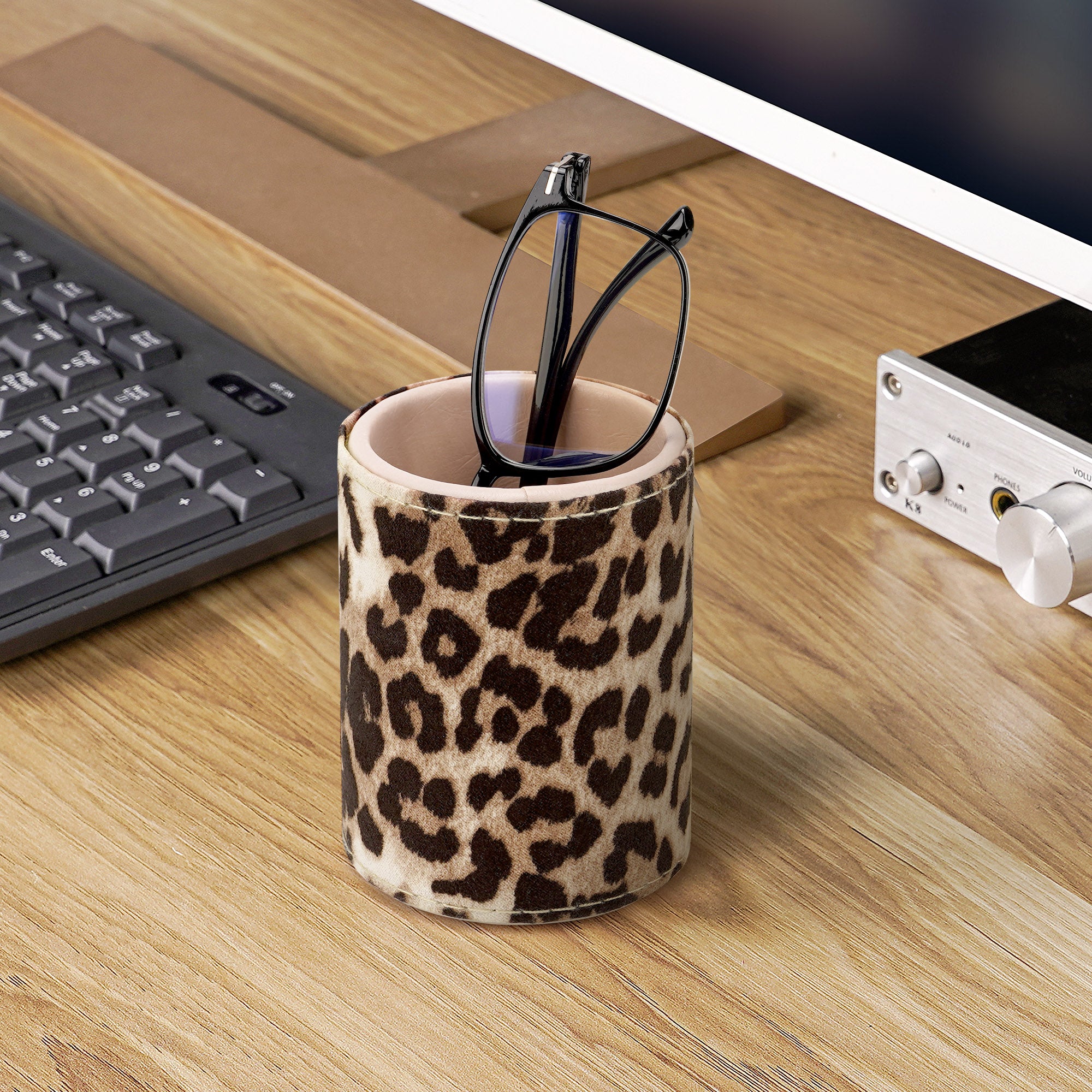 Eyeglasses Desk Holder Stand, Vegan Leather Lined Reading Glasses Holder for Nightstand Office Desk Organizer (Leopard Print)