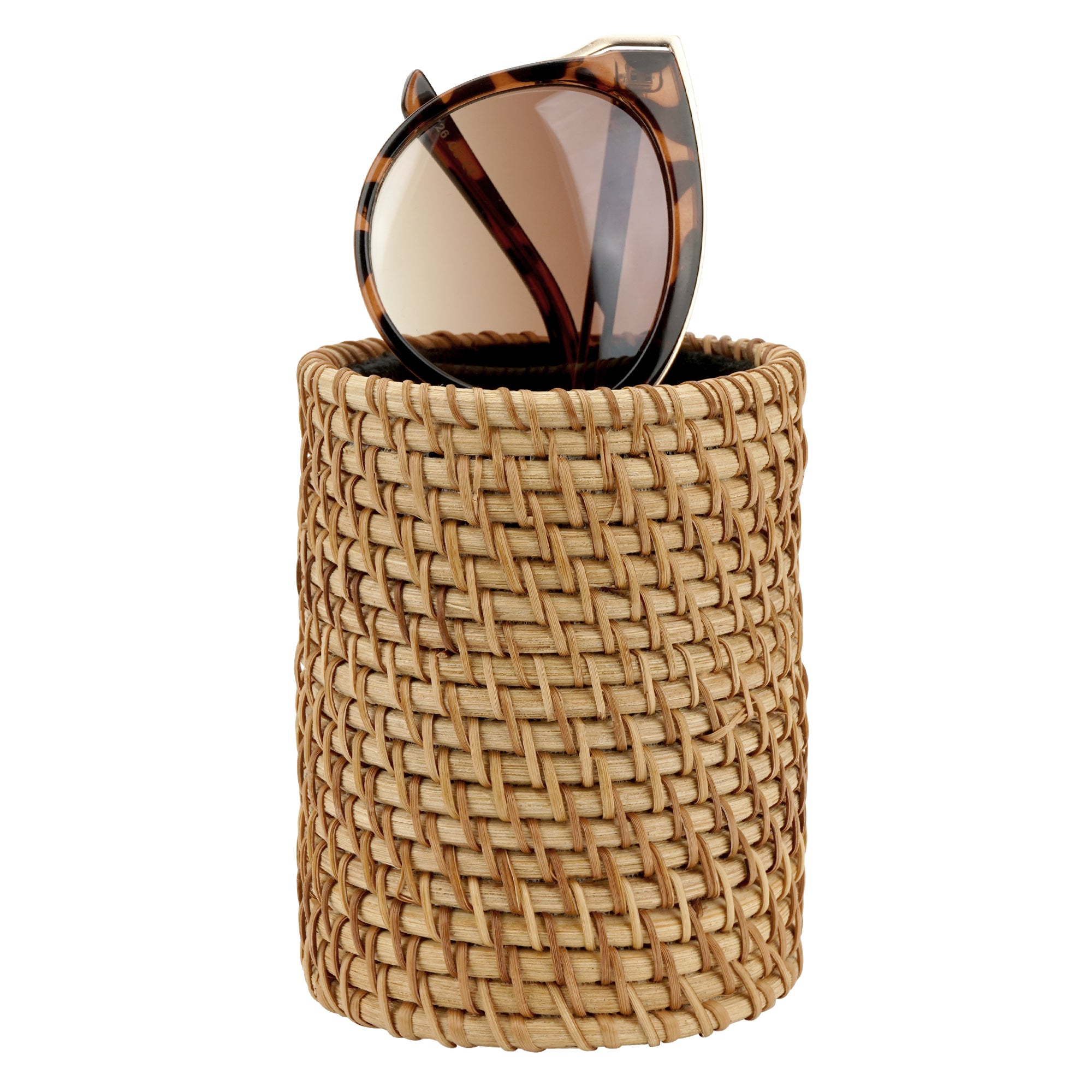 Sunglasses Desk Holder Stand Compatible with Extra Large Glasses, Rattan Weave Eyeglasses Display Storage Organizer with Plush Lined