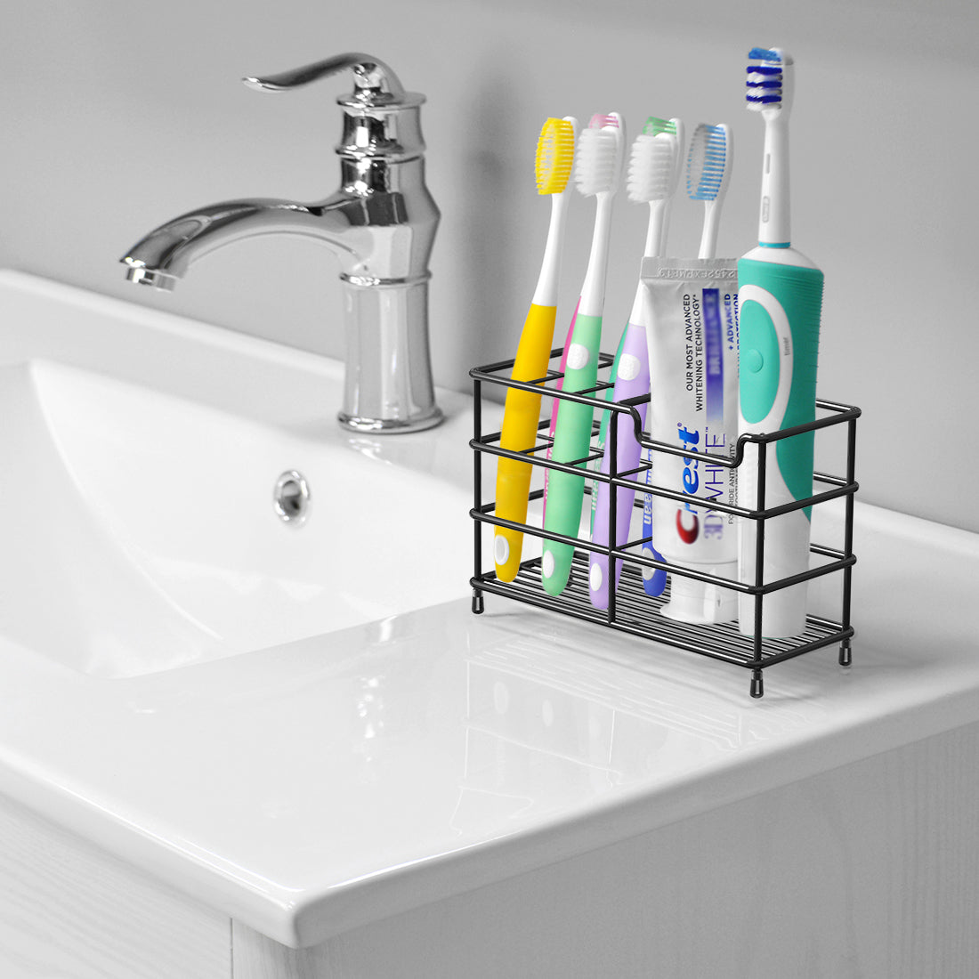Linkidea Toothbrush Holder for Shower, Stainless Steel Tooth Brush Storage Stand Rack, Wallmount / Countertop 7 Slot Organizer Compatible with Colgate Extra Clean, Oral-B CrossAction (Black)
