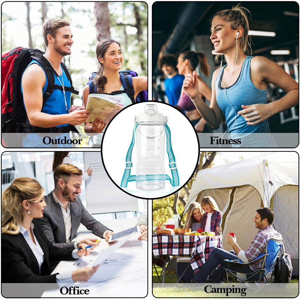Linkidea 55oz Tritan Water Bottle with Strap & Handle, Reusable Sports Waterbottle with Time Marker, Portable Large Water Bottles for Gym Fitness Outdoor, Shoulder Strap (White & Clear)