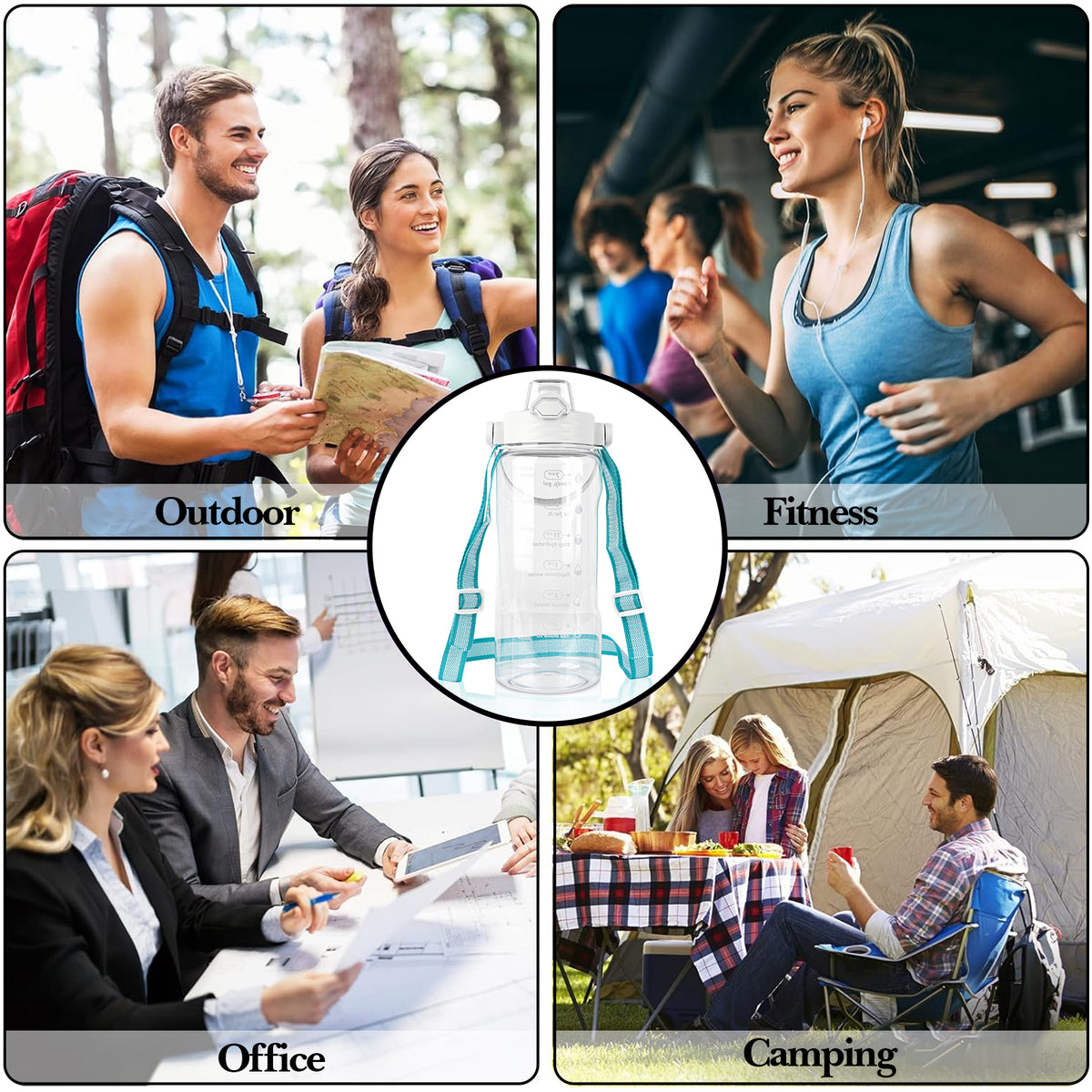 Linkidea 55oz Tritan Water Bottle with Strap & Handle, Reusable Sports Waterbottle with Time Marker, Portable Large Water Bottles for Gym Fitness Outdoor, Shoulder Strap (White & Clear)