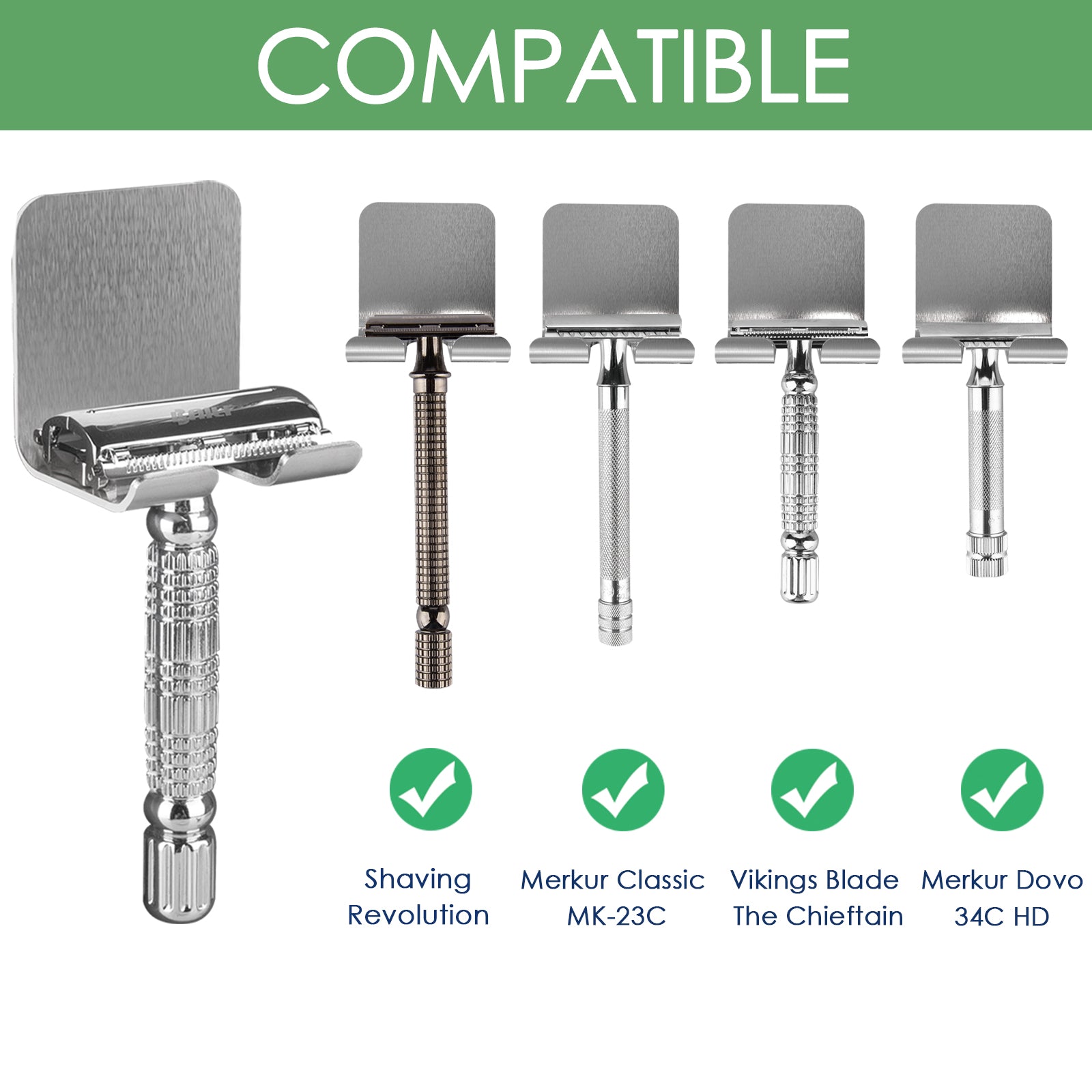 Linkidea 8 Pack Stainless Steel Shower Razor Holder Wall Mount, Self-Adhesive No-Drill Bathroom Shaver Hooks for Vikings Blade & Merkur Safety Razors (Silver)
