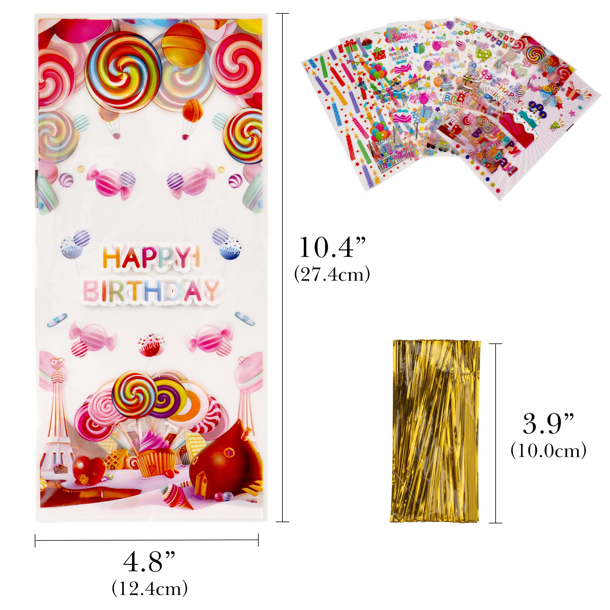 Linkidea 100 Pcs Birthday Treat Bags with 120 Gold Twist Ties, Clear Plastic Goodie Bags for Candy, Cookies, Party Favors, Birthday Supplies