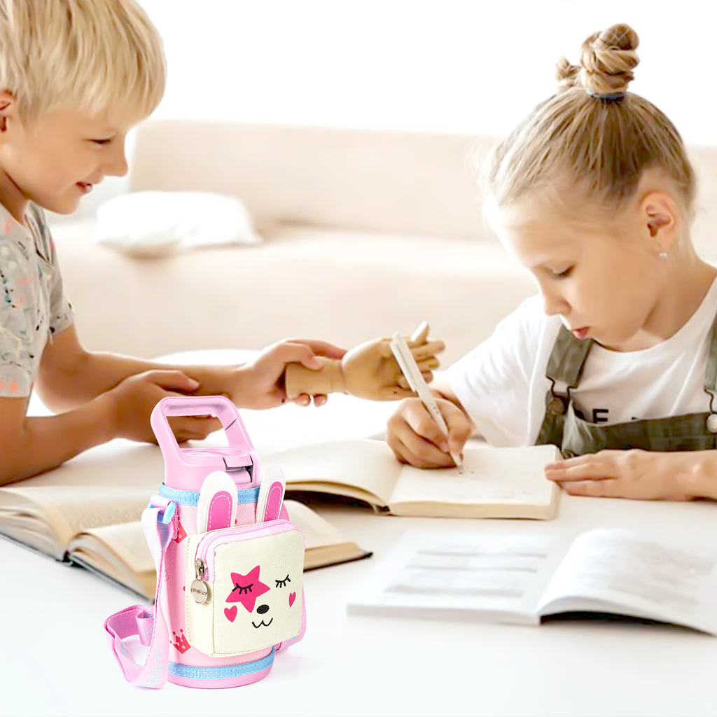 Linkidea Water Bottle Carrier with Strap Compatible with YETI Rambler Jr. 12oz, Simple Modern 14oz, Hydro Flask Kids Bottles, Bottles Sling Holder with Pocket, Rabbit Cartoon