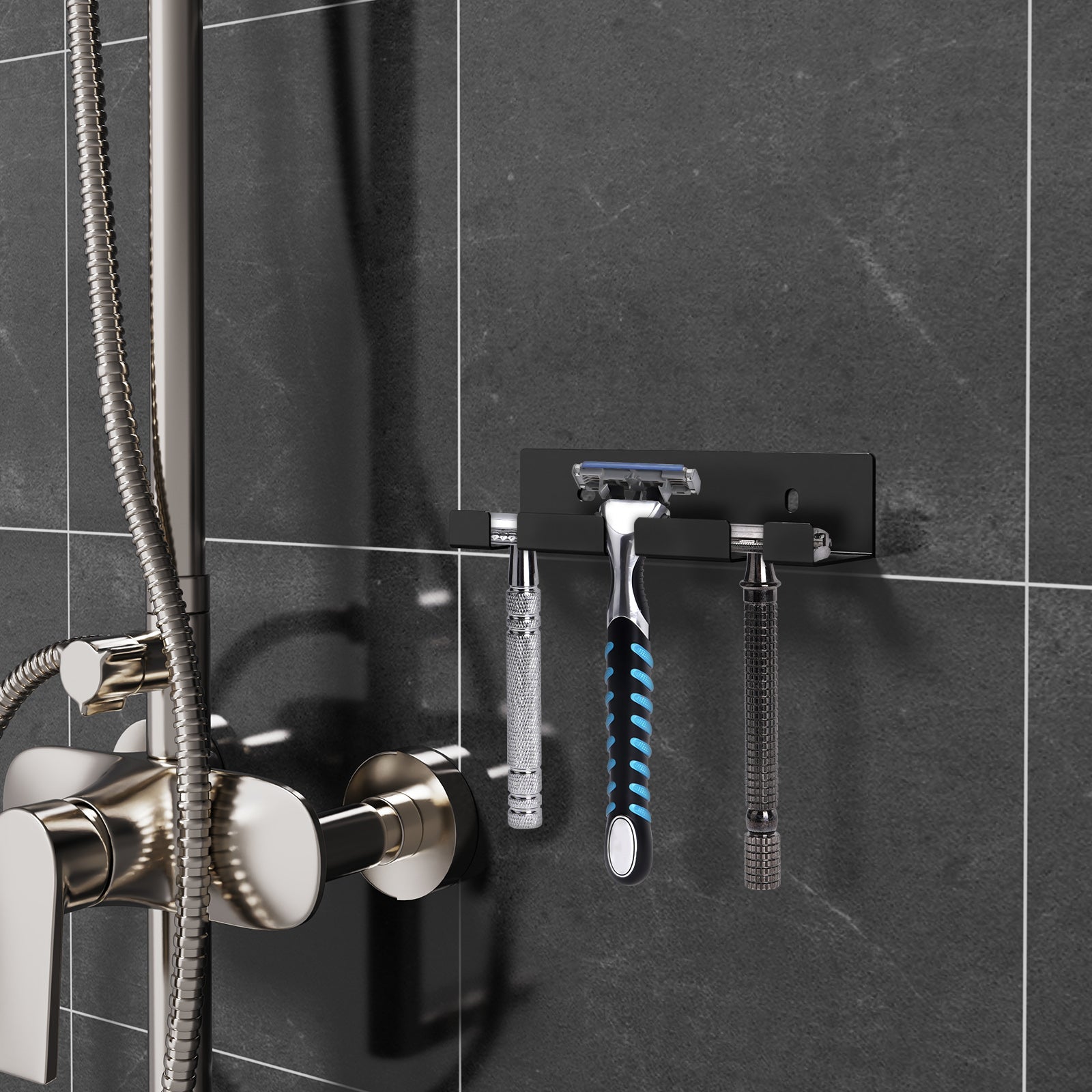 Linkidea 2 Pack Wall Mount Shower Razor Holder, Self Adhesive Stainless Steel Shaver Holder, Shaving Stand for Bathroom, Compatible with Gillette Sensor 3, Dorco Pace 6 Pro (Black)